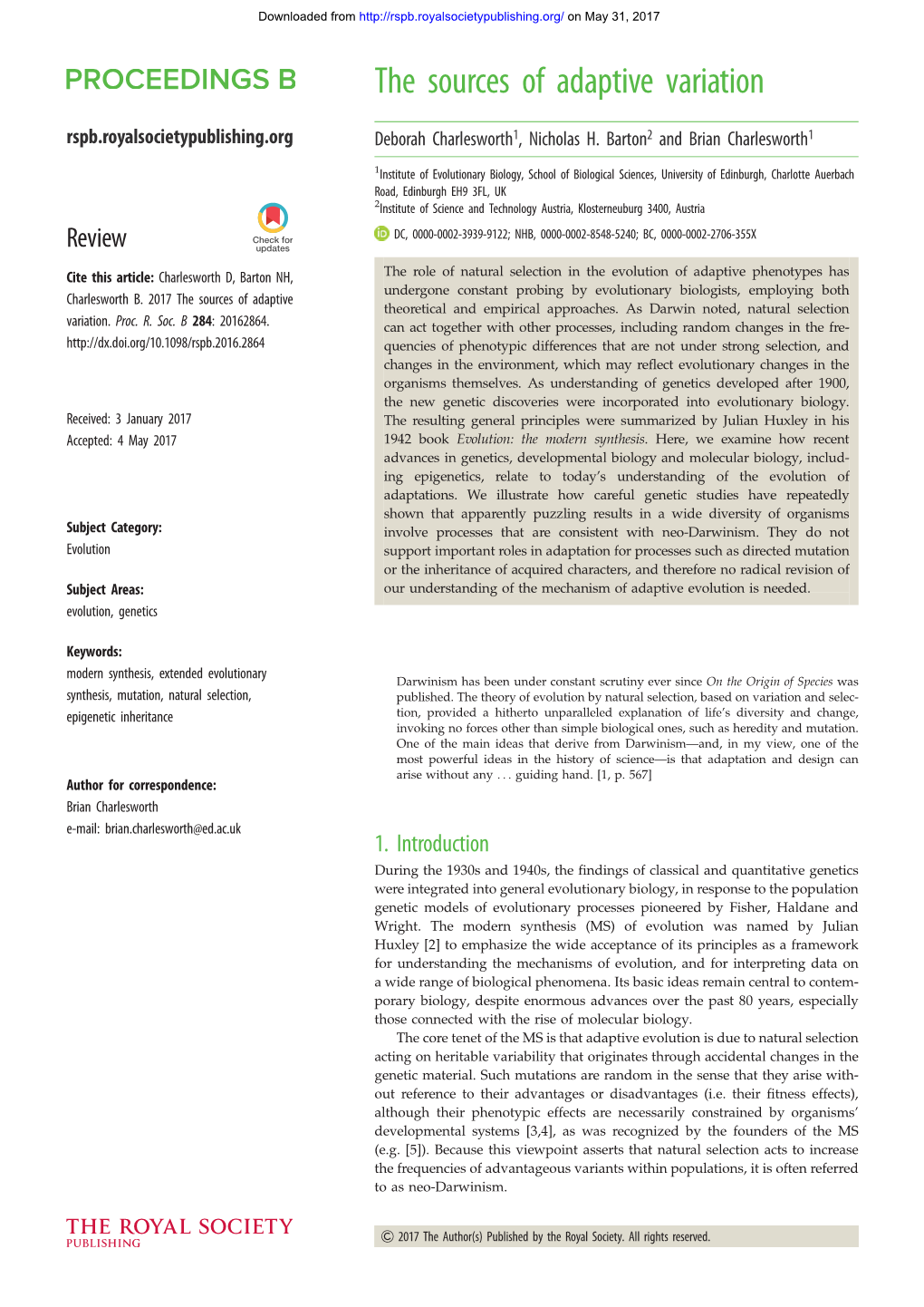 The Sources of Adaptive Variation Rspb.Royalsocietypublishing.Org Deborah Charlesworth1, Nicholas H