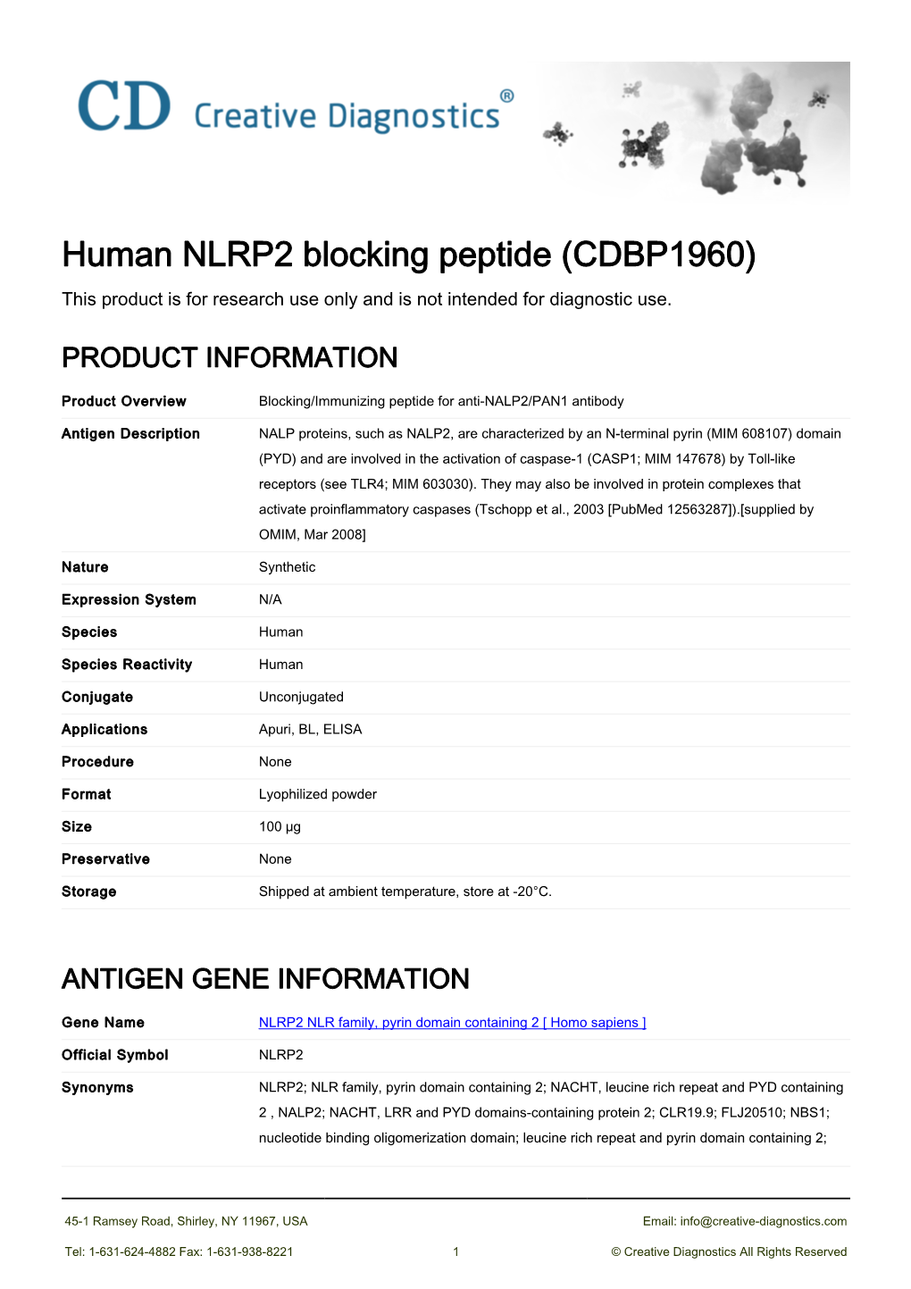 Human NLRP2 Blocking Peptide (CDBP1960) This Product Is for Research Use Only and Is Not Intended for Diagnostic Use