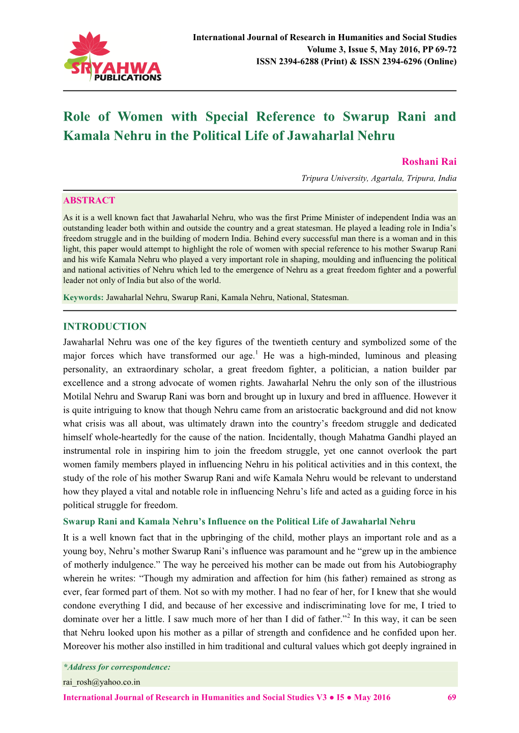 Role of Women with Special Reference to Swarup Rani and Kamala Nehru in the Political Life of Jawaharlal Nehru