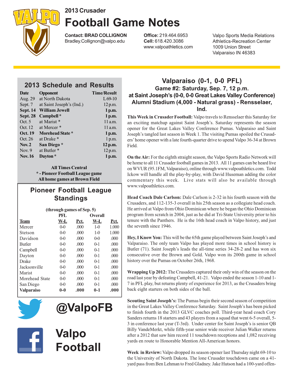 Football Game Notes @Valpofb Valpo Football