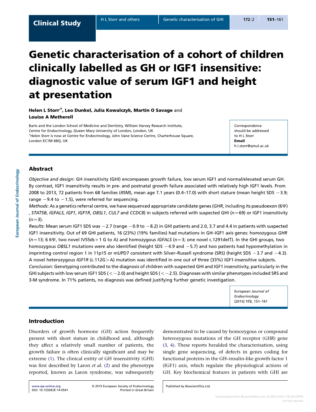Downloaded from Bioscientifica.Com at 09/27/2021 06:56:02PM Via Free Access Clinical Study H L Storr and Others Genetic Characterisation of GHI 172:2 152