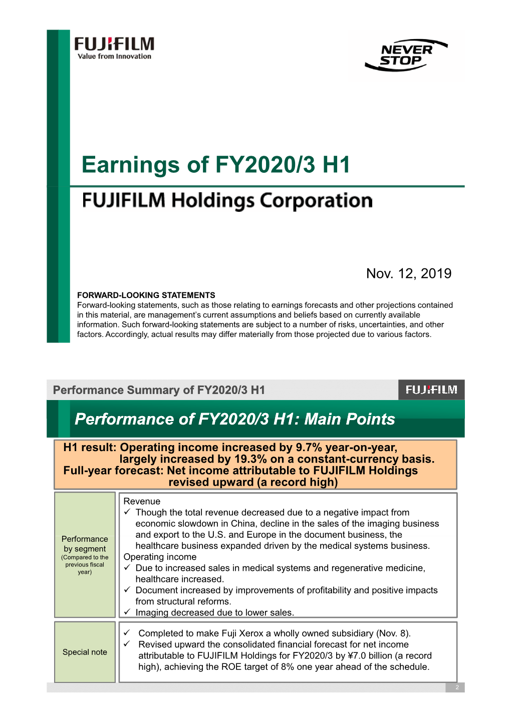 Earnings of FY2020/3 H1