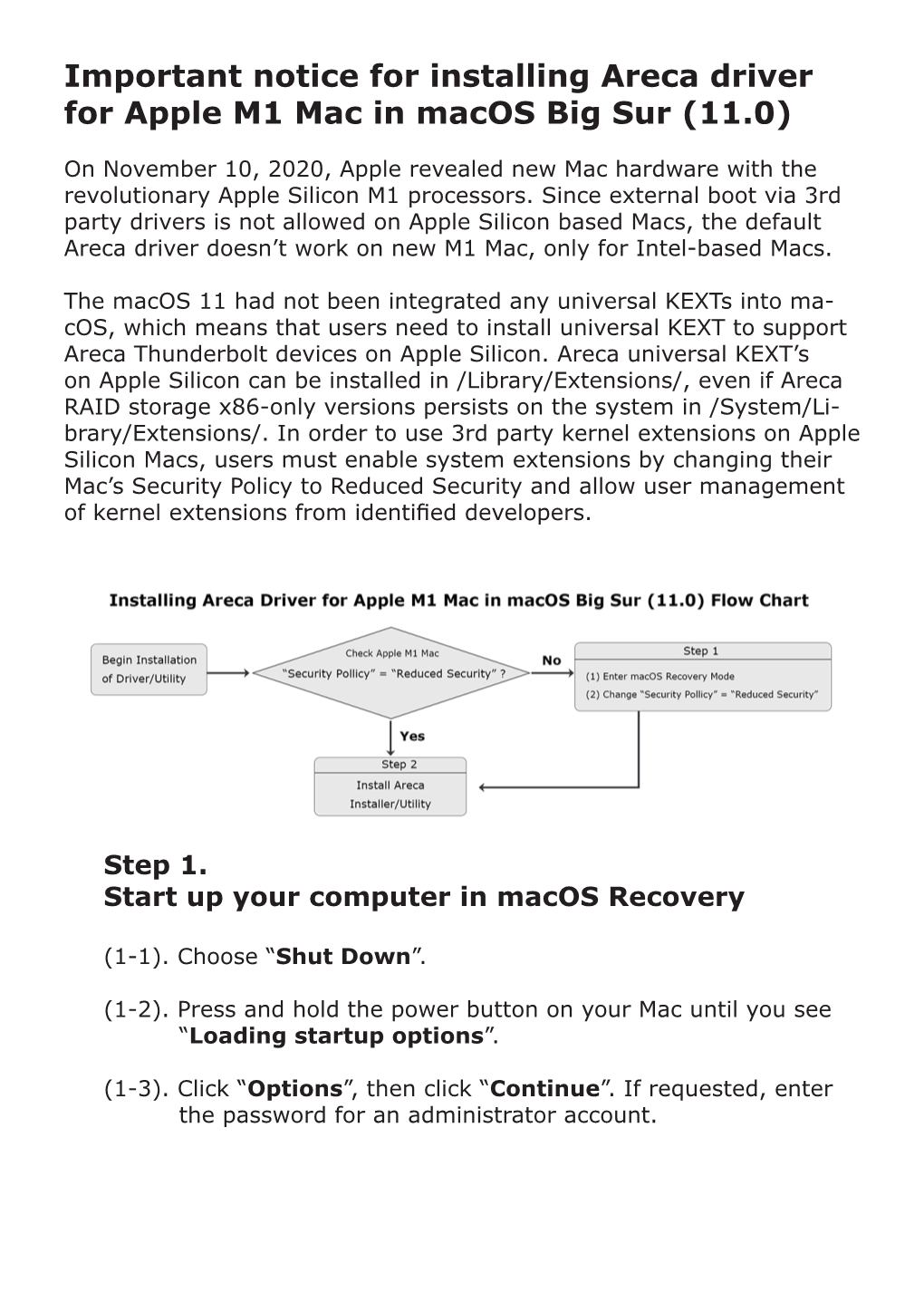 Important Notice for Installing Areca Driver for Apple M1 Mac in Macos Big Sur (11.0)