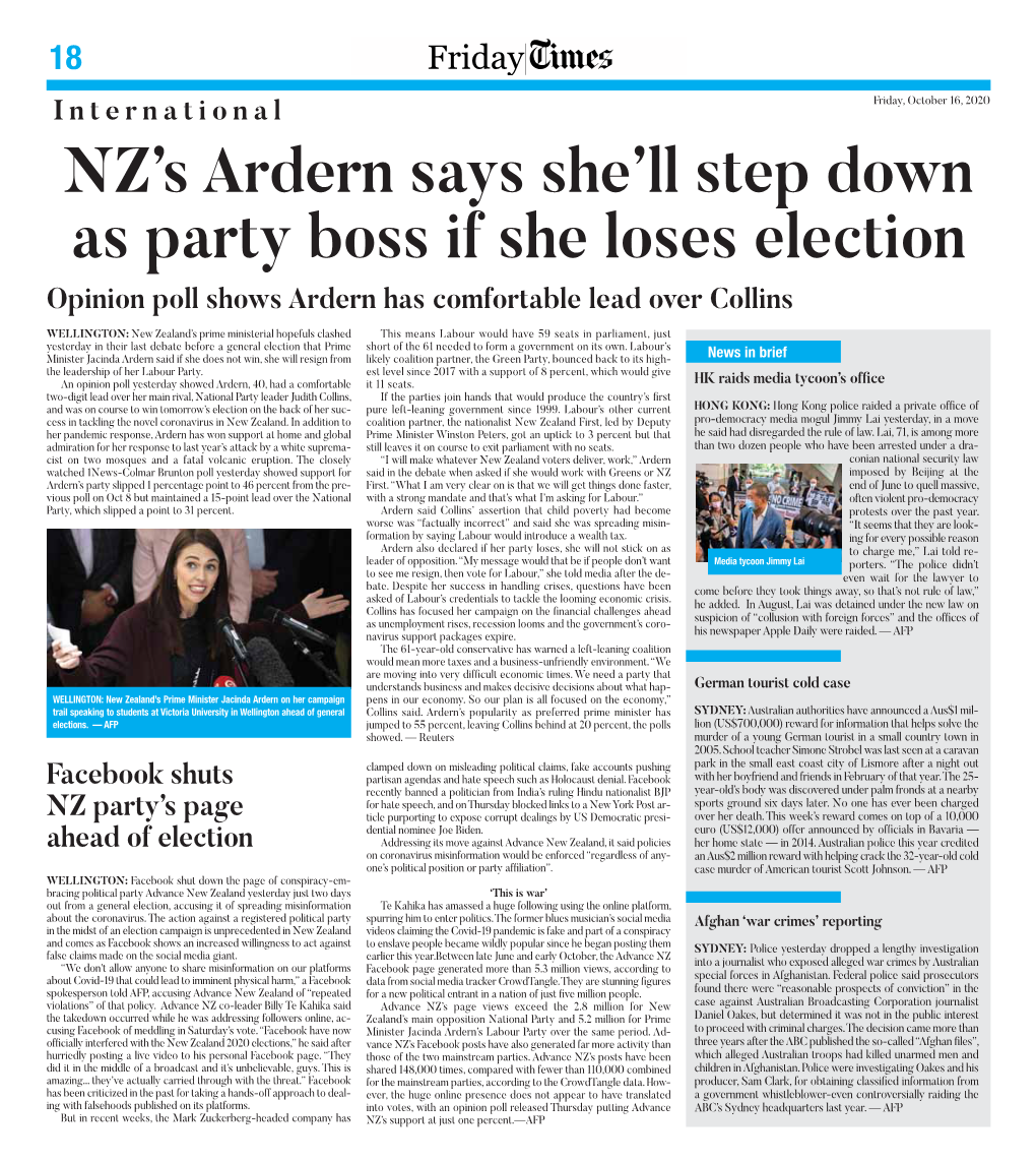 NZ's Ardern Says She'll Step Down As Party Boss If She Loses Election