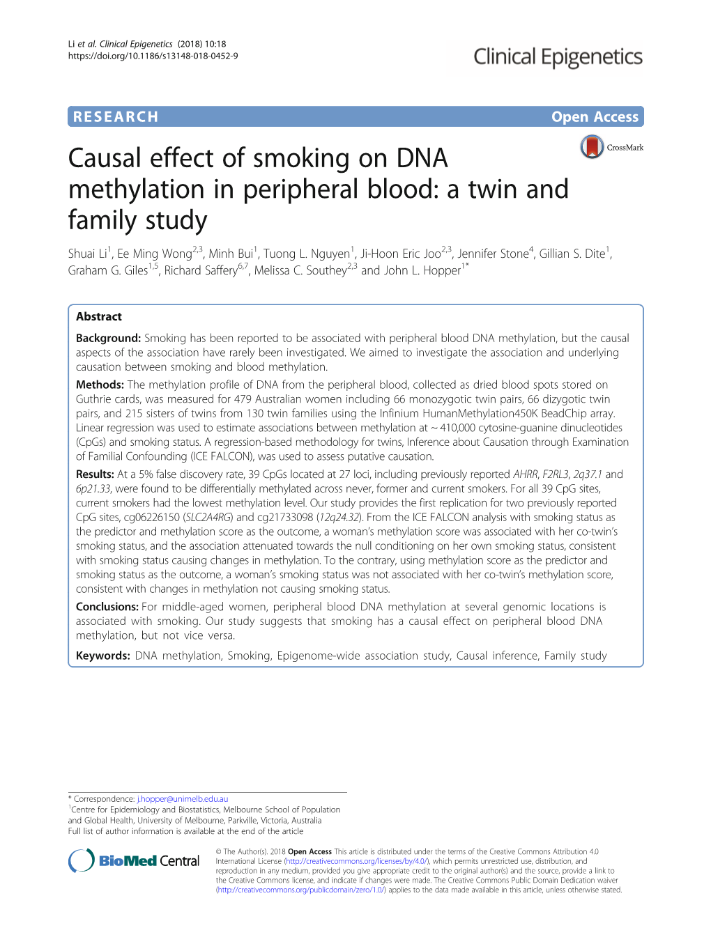 Causal Effect of Smoking on DNA Methylation in Peripheral Blood: a Twin and Family Study Shuai Li1, Ee Ming Wong2,3, Minh Bui1, Tuong L