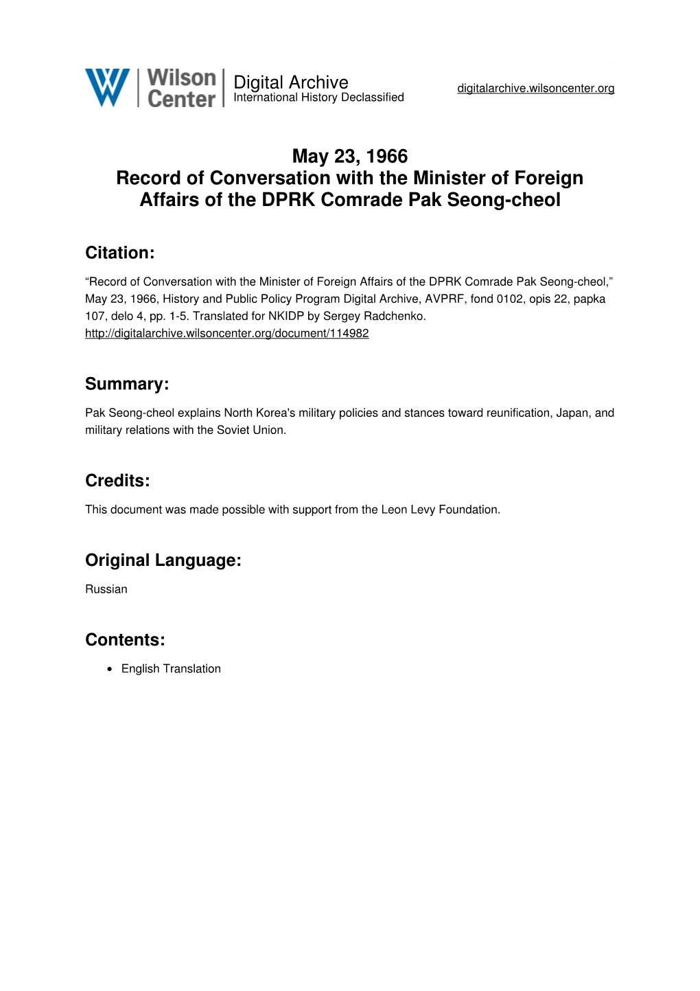 May 23, 1966 Record of Conversation with the Minister of Foreign Affairs of the DPRK Comrade Pak Seong-Cheol