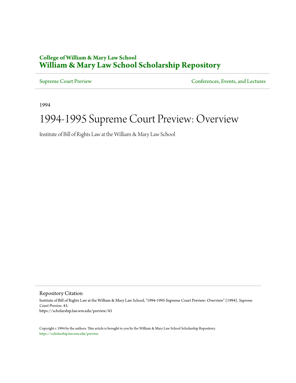 1994-1995 Supreme Court Preview: Overview Institute of Bill of Rights Law at the William & Mary Law School