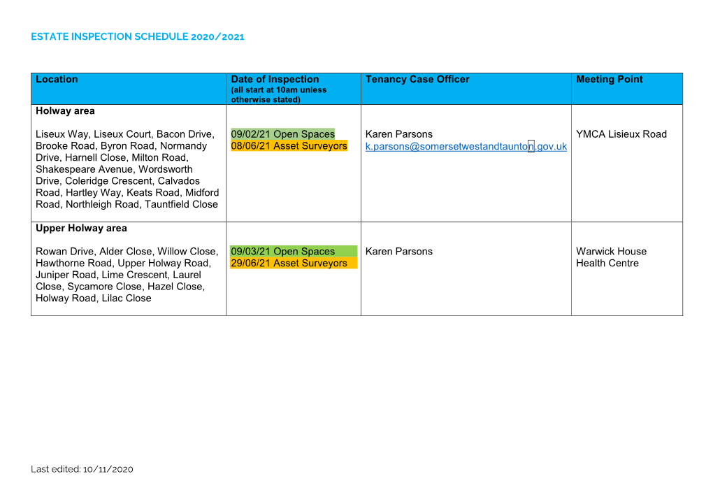 Estate Inspection Schedule 2020-21