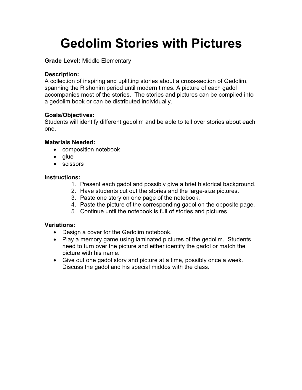 Gedolim Stories with Pictures