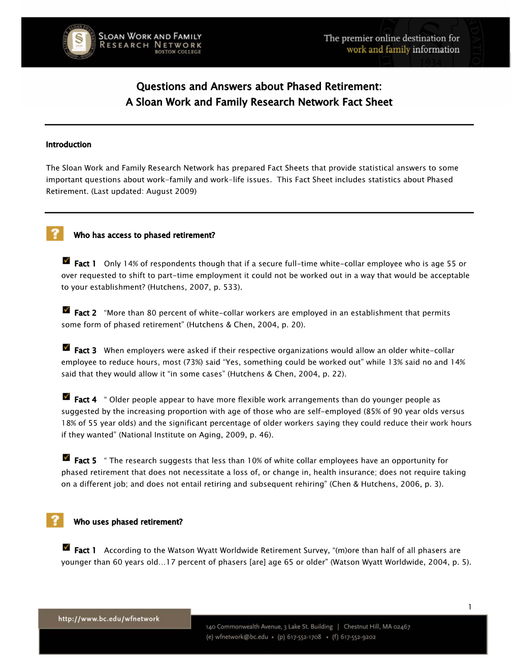 Phased Retirement: a Sloan Work and Family Research Network Fact Sheet