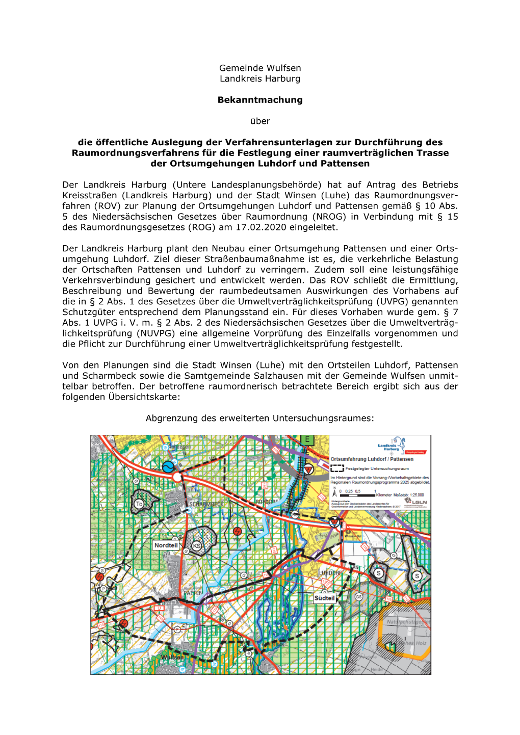Gemeinde Wulfsen Landkreis Harburg Bekanntmachung Über Die Öffentliche Auslegung Der Verfahrensunterlagen Zur Durchführung De