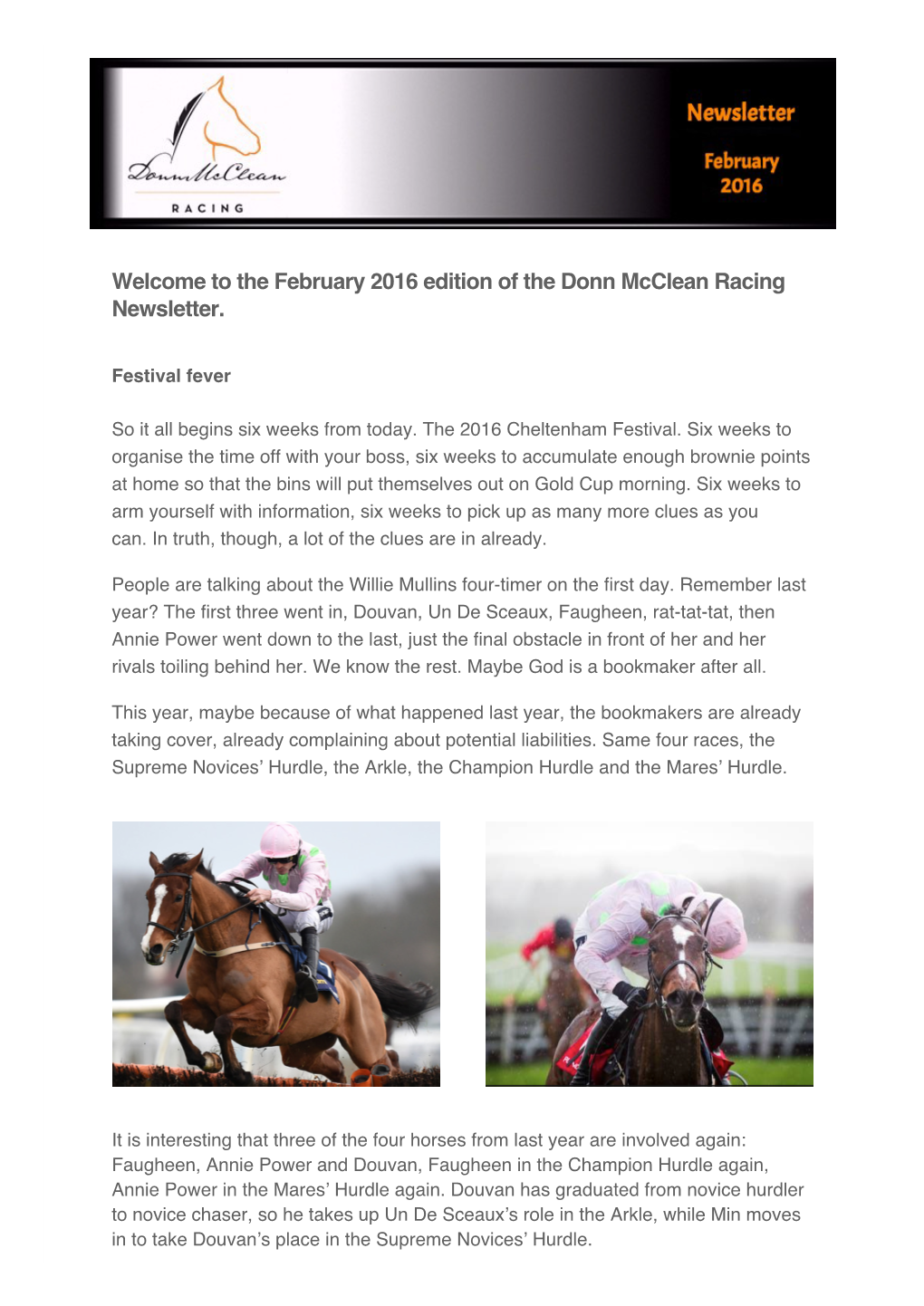 Welcome to the February 2016 Edition of the Donn Mcclean Racing Newsletter