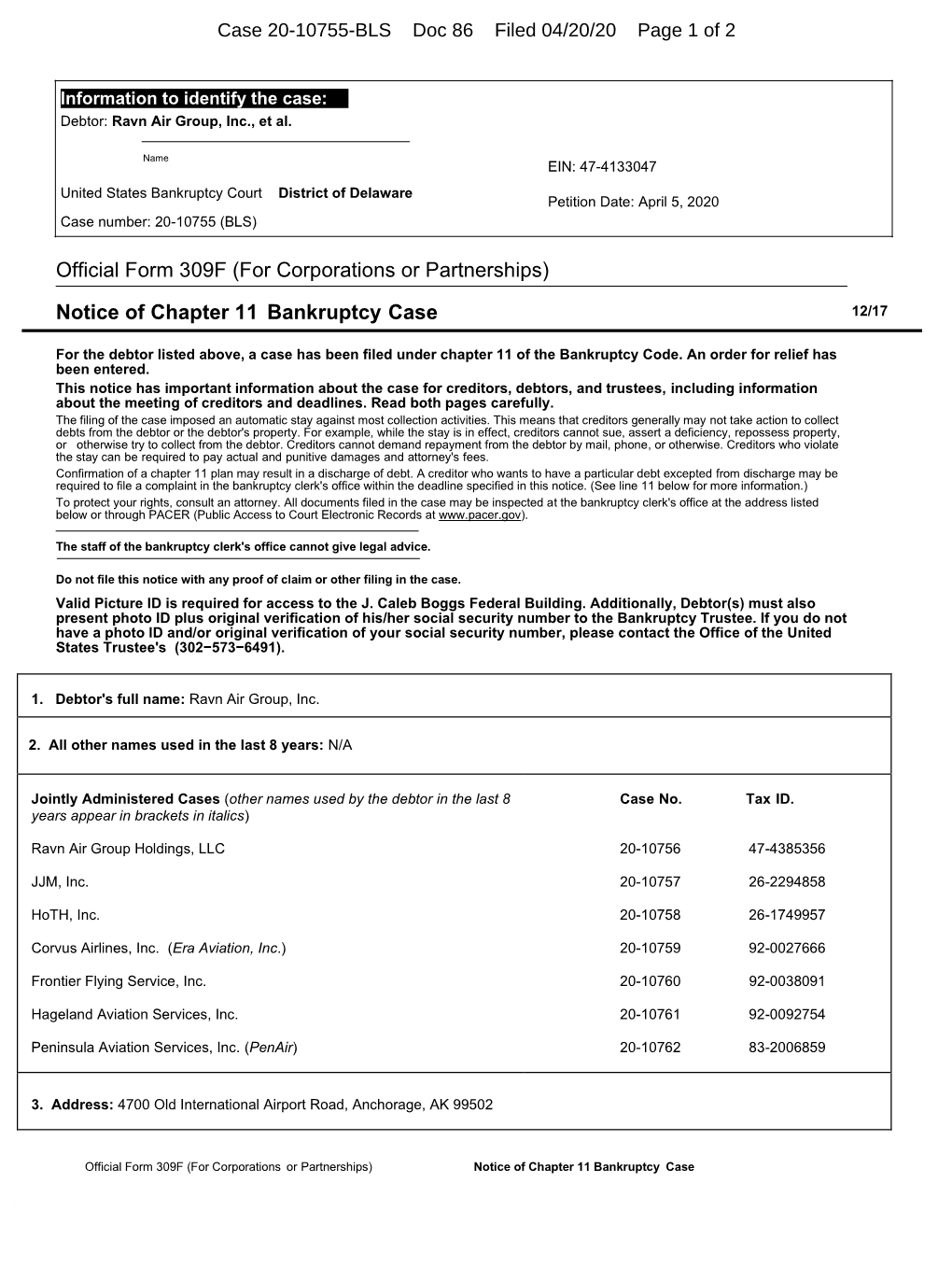 Official Form 309F (For Corporations Or Partnerships) Notice of Chapter 11 Bankruptcy Case
