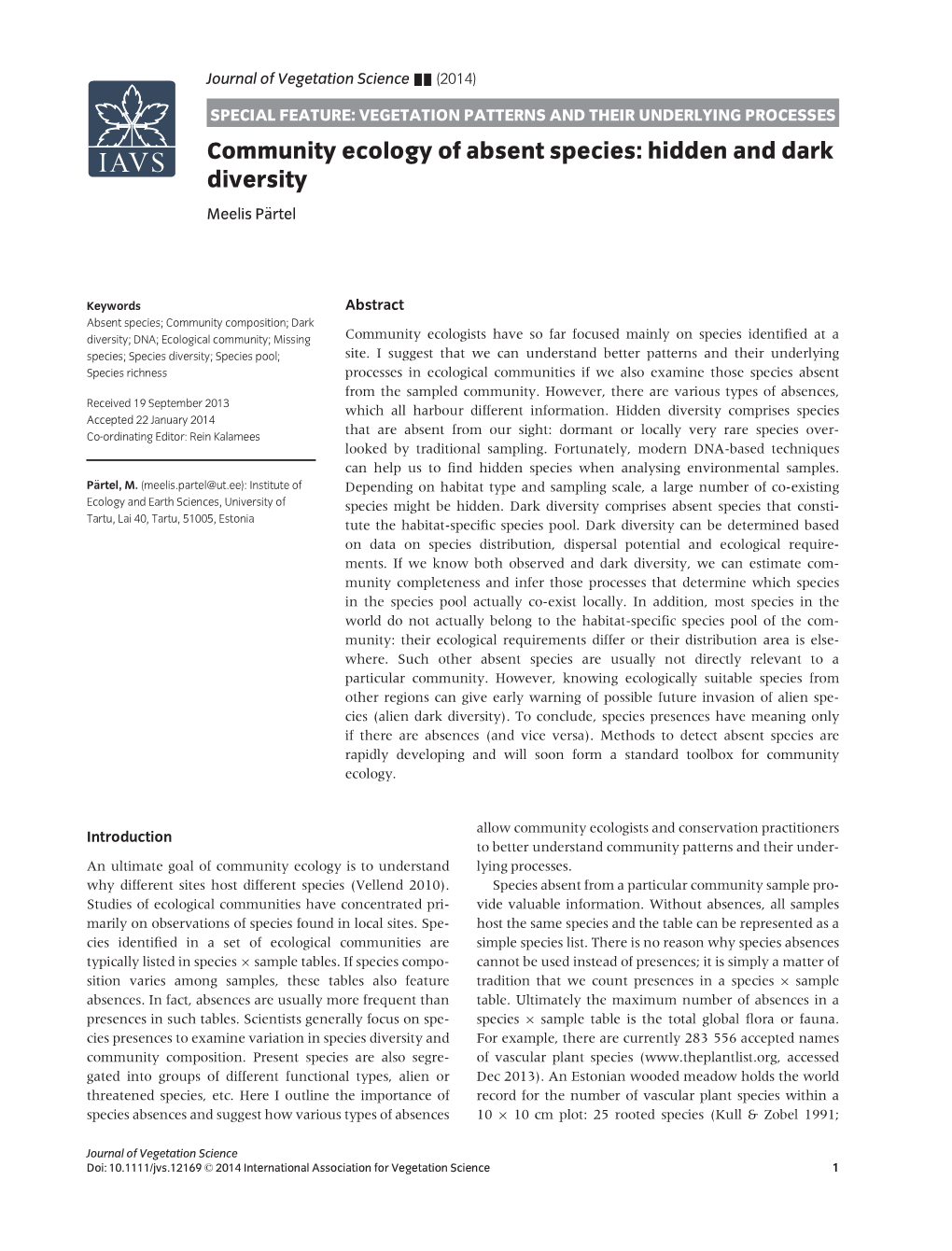 Community Ecology of Absent Species: Hidden and Dark Diversity Meelis Partel€