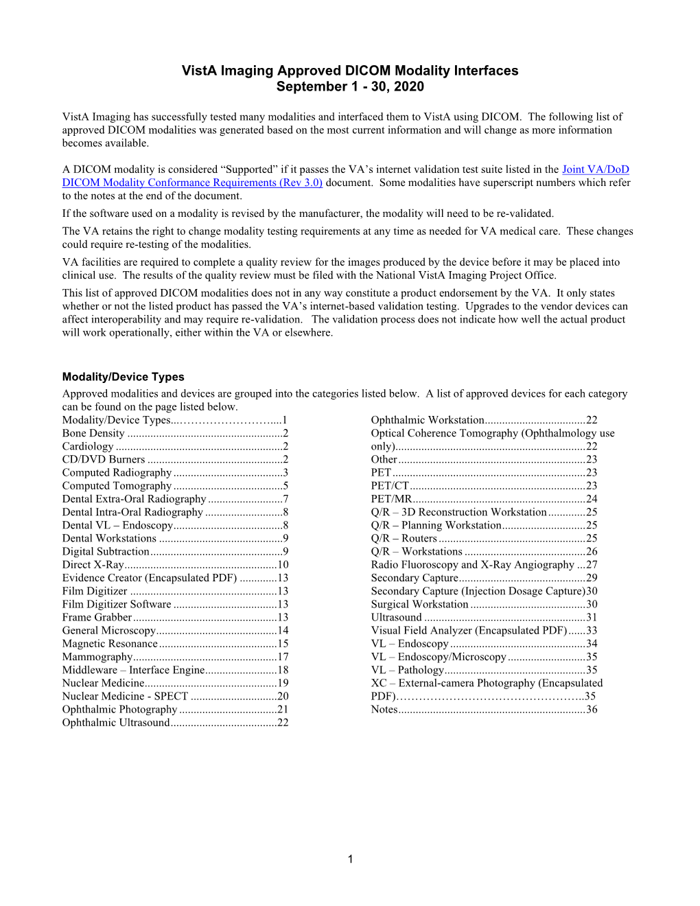 Vista Imaging Approved DICOM Modality Interfaces September 1 - 30, 2020