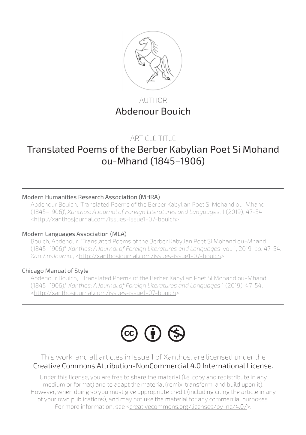 ABDENOUR BOUICH Translated Poems of the Berber Kabylian Poet Si Mohand Ou-Mhand (1845–1906) ⵉⵙⴻⴼⵔⴰ ⵏ ⵙⵉ ⵎⵓⵁⴰⵏⴷ ⵓ ⵎⵁⴻⵏⴷ ⵙⵓⴴⵍⴻⵏ ⵙ ⵜⴰⵏⴳⵍⵉⵣⵜ