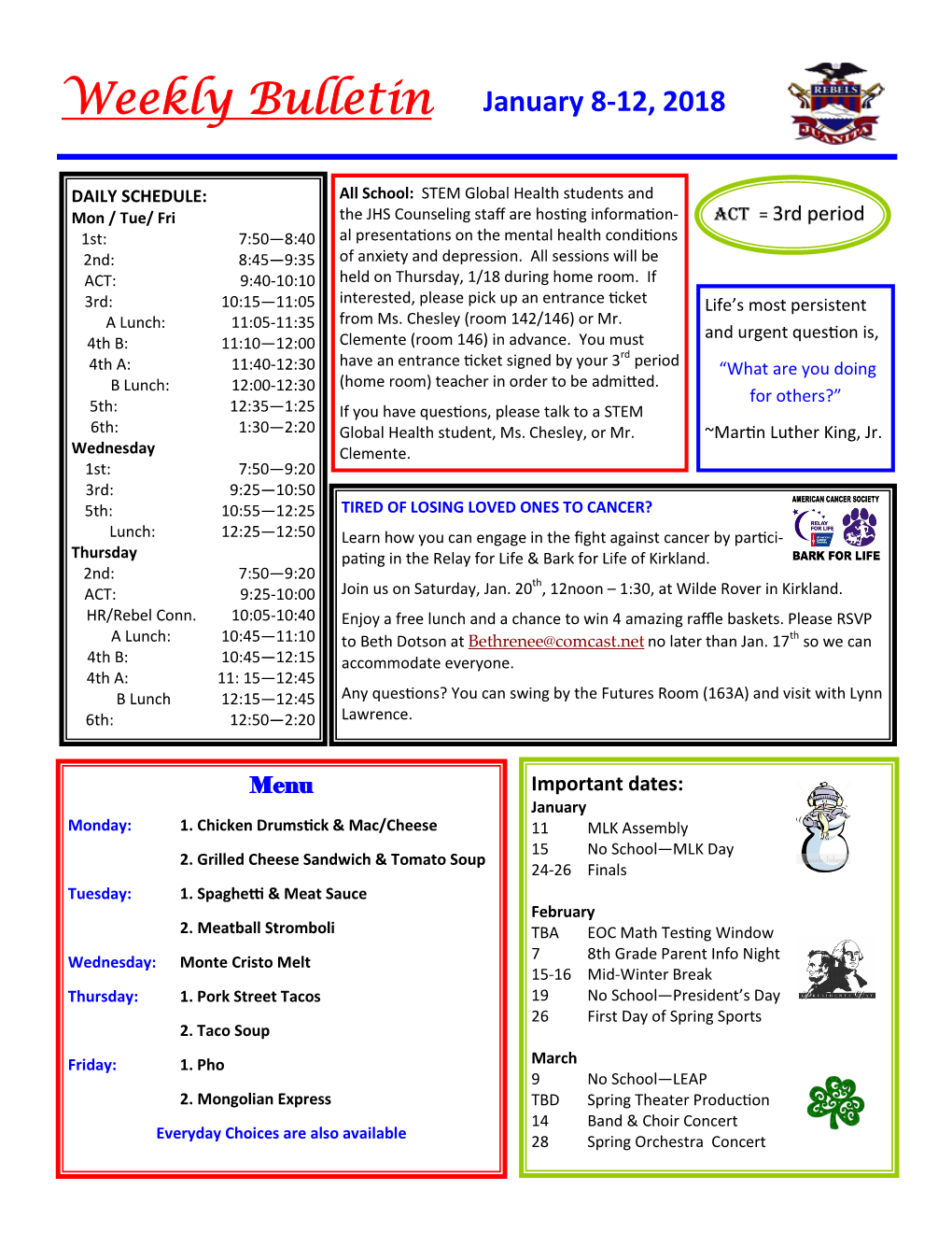 Weekly Bulletin January 8-12, 2018