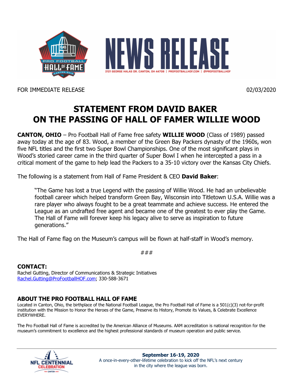 Statement from David Baker on the Passing of Hall of Famer Willie Wood