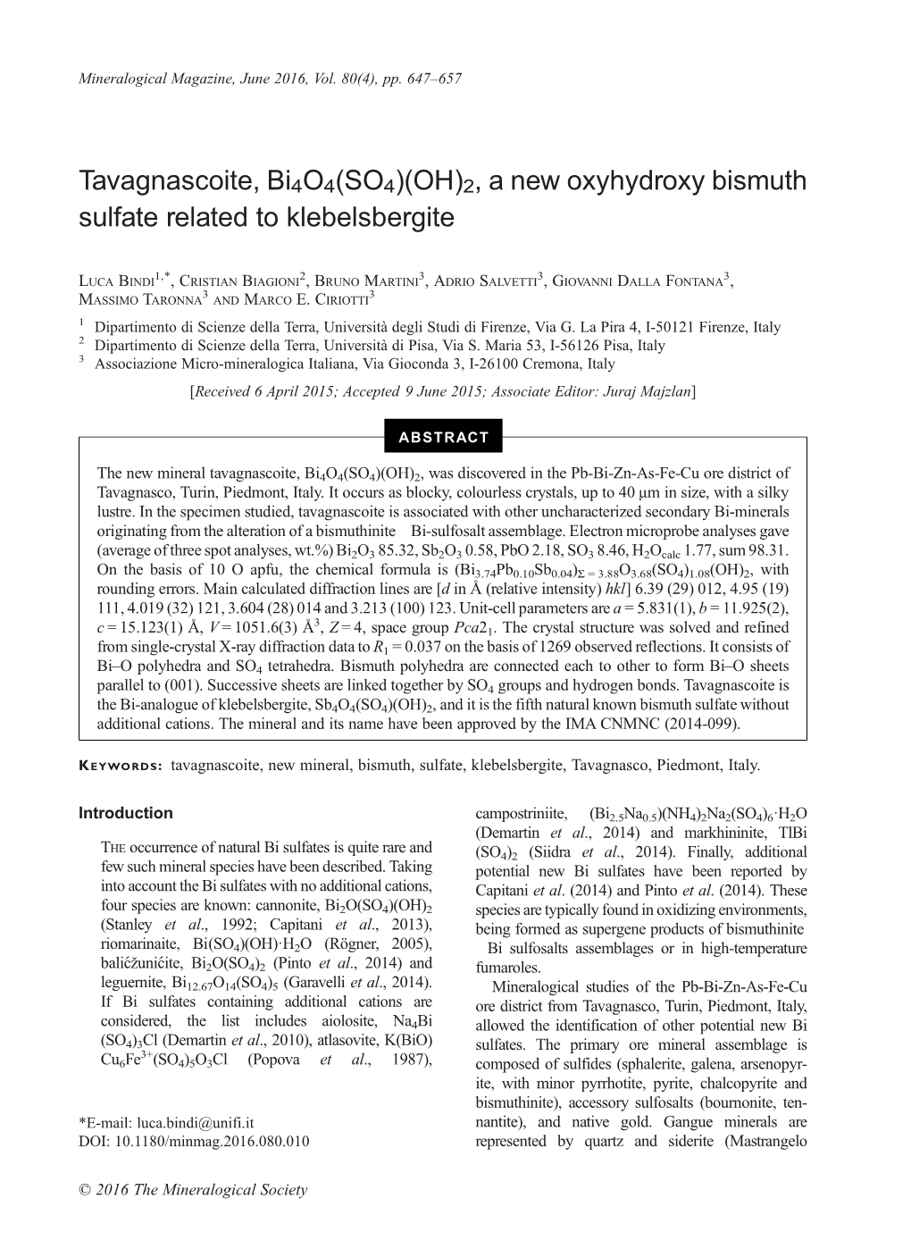 Tavagnascoite, Bi4o4(SO4)(OH)2, a New Oxyhydroxy Bismuth Sulfate Related to Klebelsbergite