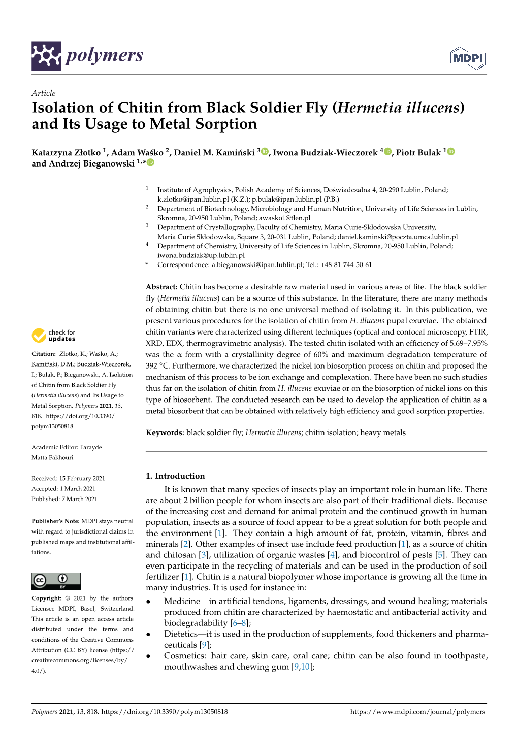 Hermetia Illucens) and Its Usage to Metal Sorption