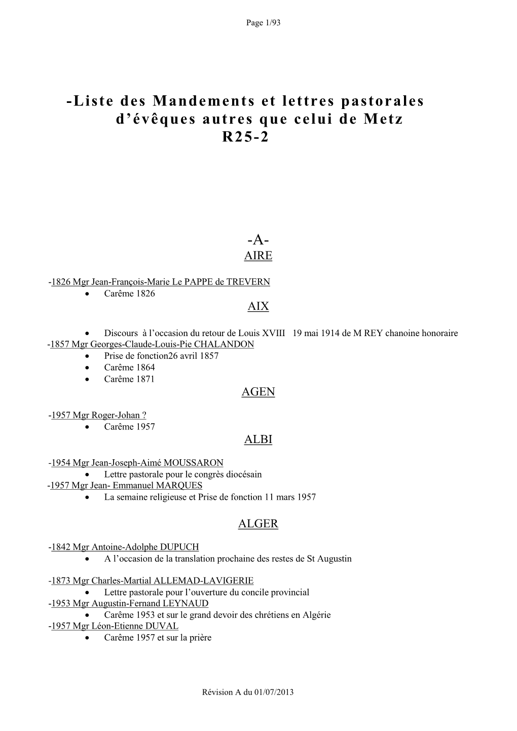 Liste Des Mandements Et Lettres Pastorales D’Évêques Autres Que Celui De Metz R25-2