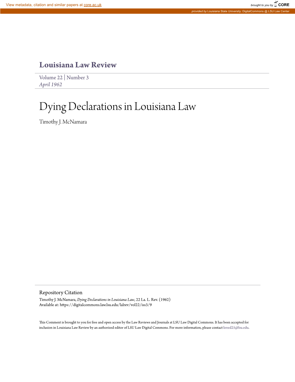 Dying Declarations in Louisiana Law Timothy J