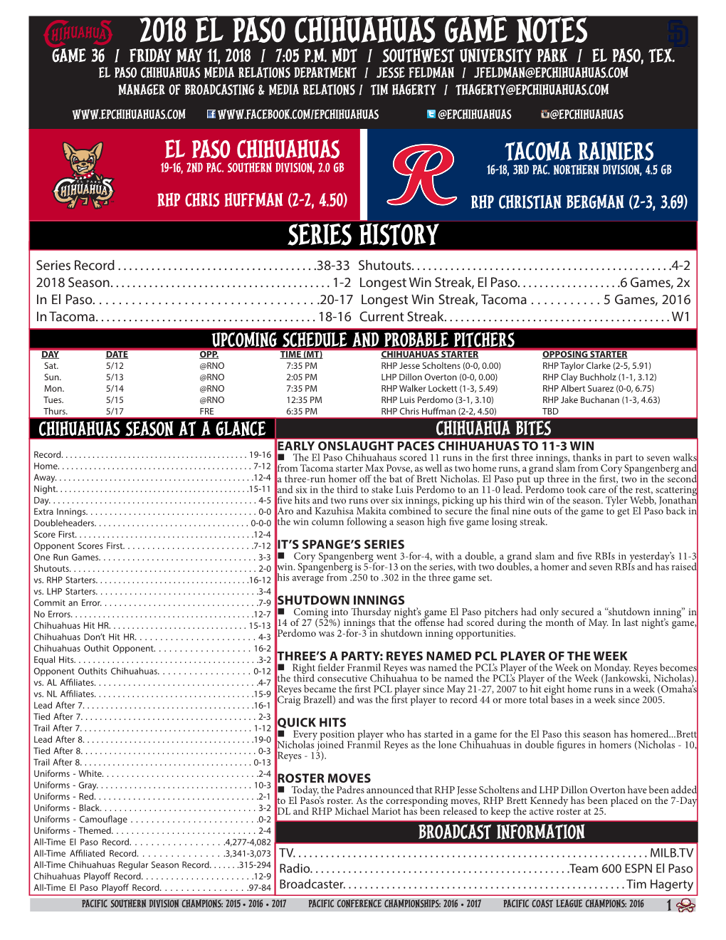 2018 El Paso Chihuahuas Game Notes Game 36 / Friday May 11, 2018 / 7:05 P.M