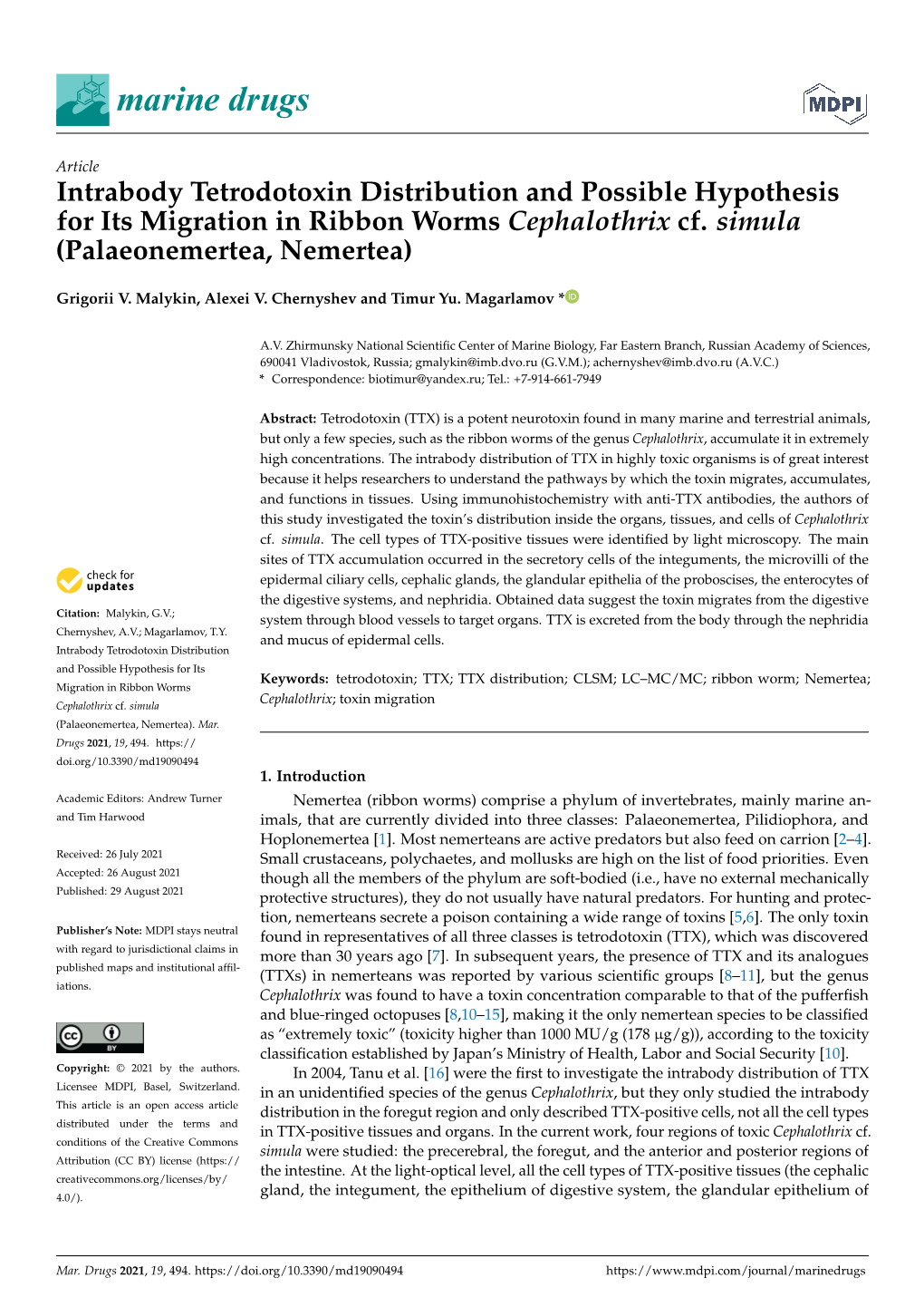 Intrabody Tetrodotoxin Distribution and Possible Hypothesis for Its Migration in Ribbon Worms Cephalothrix Cf