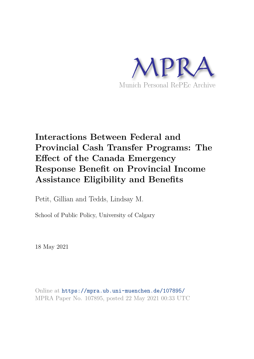 Interactions Between Federal and Provincial Cash Transfer Programs