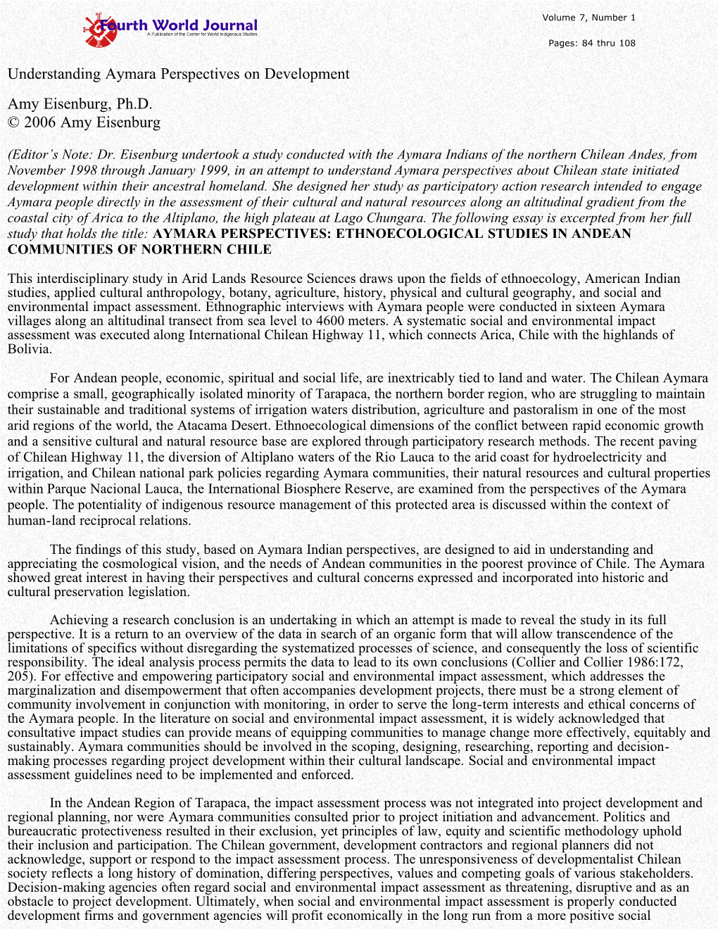 Understanding Aymara Perspectives on Development Amy Eisenburg, Ph.D