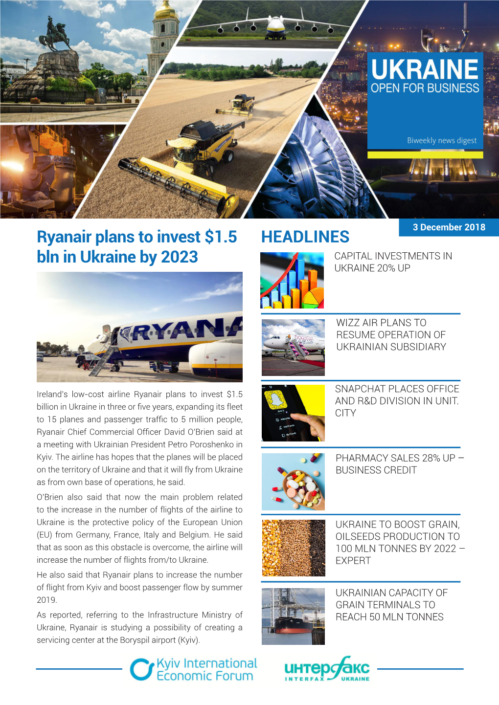 HEADLINES Ryanair Plans to Invest $1.5 Bln in Ukraine by 2023