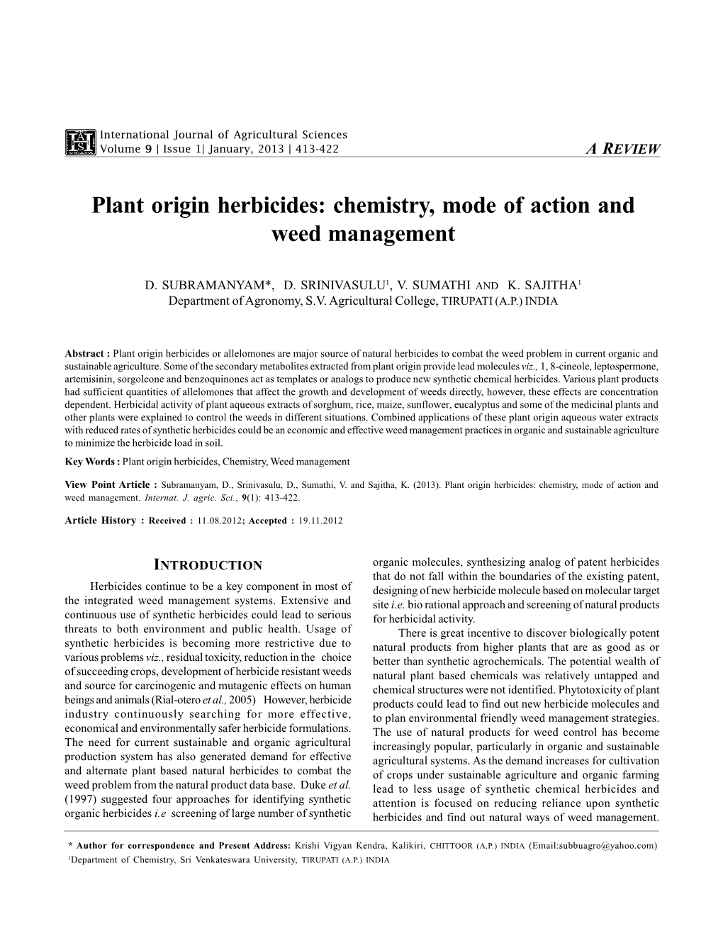 Plant Origin Herbicides: Chemistry, Mode of Action and Weed Management