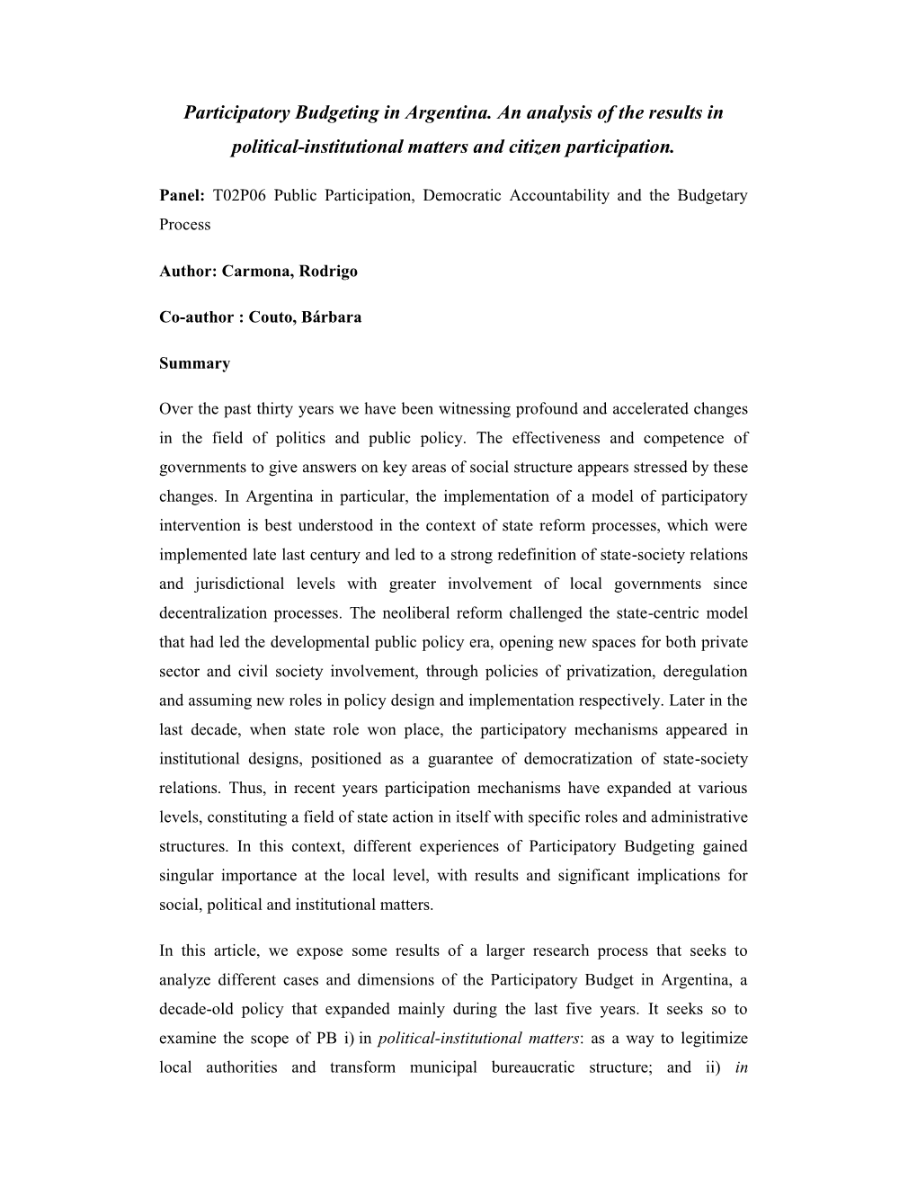 Participatory Budgeting in Argentina. an Analysis of the Results in Political-Institutional Matters and Citizen Participation