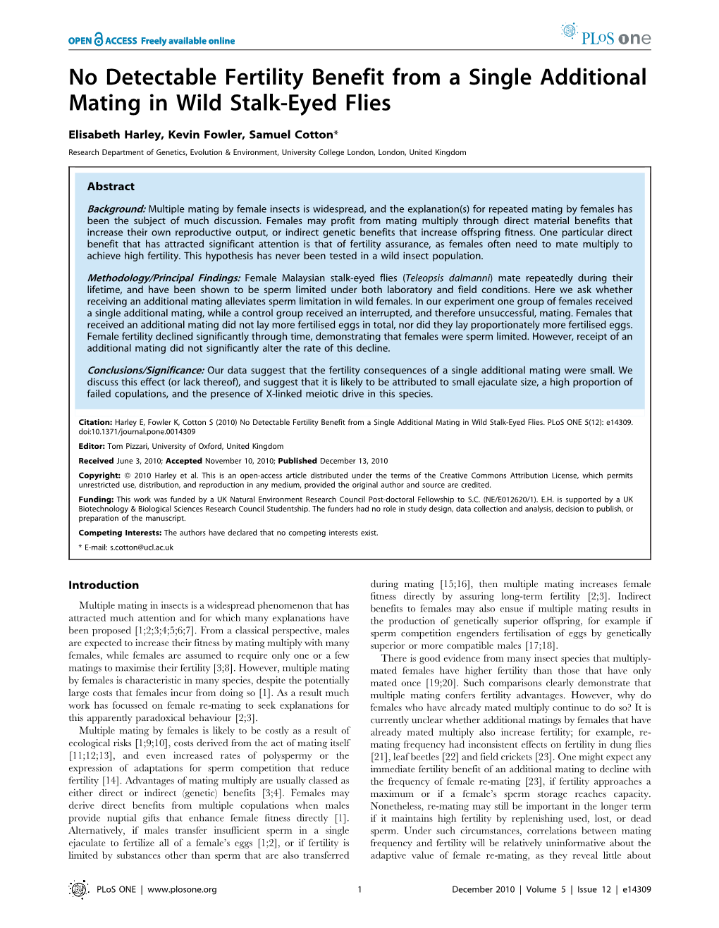 No Detectable Fertility Benefit from a Single Additional Mating in Wild Stalk-Eyed Flies