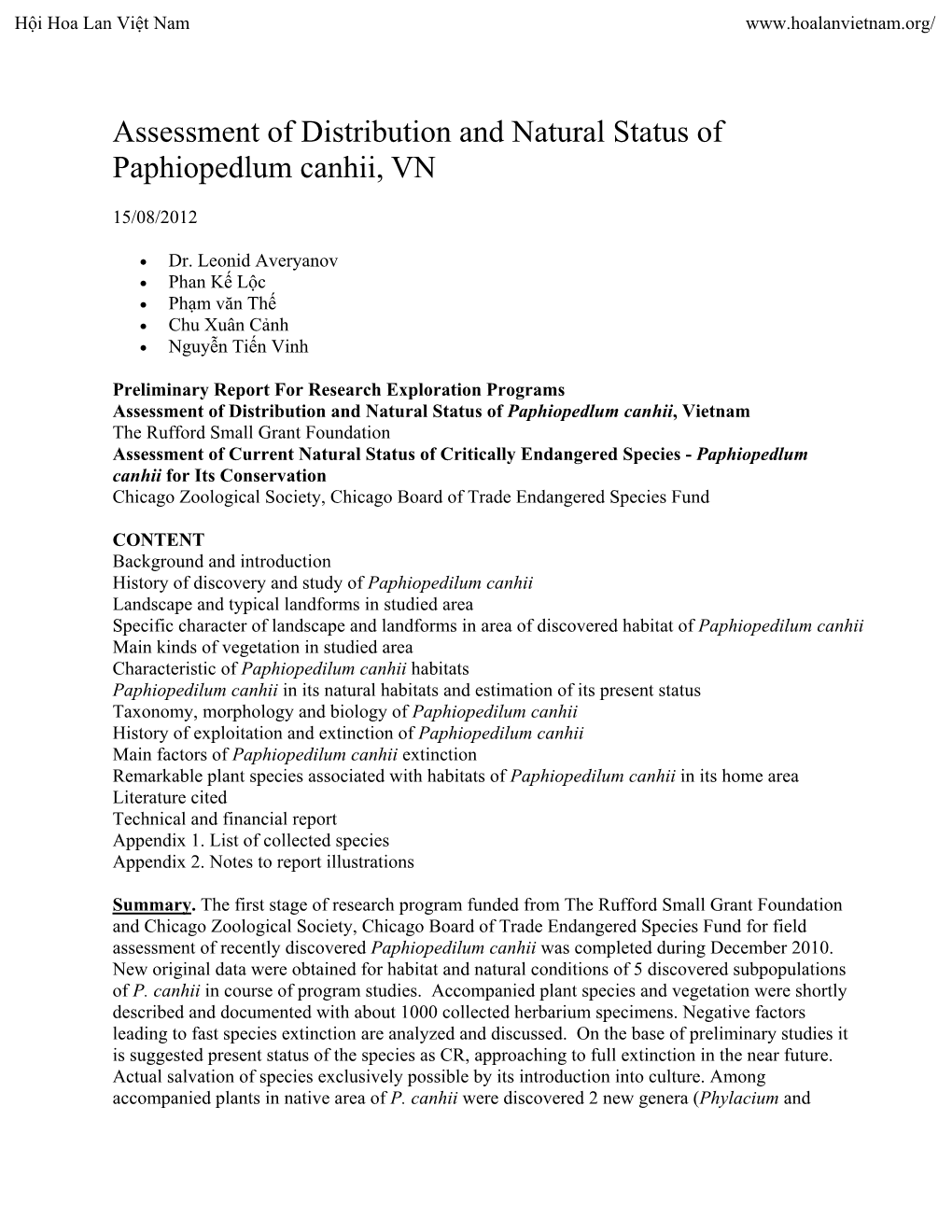 Assessment of Distribution and Natural Status of Paphiopedlum Canhii, VN