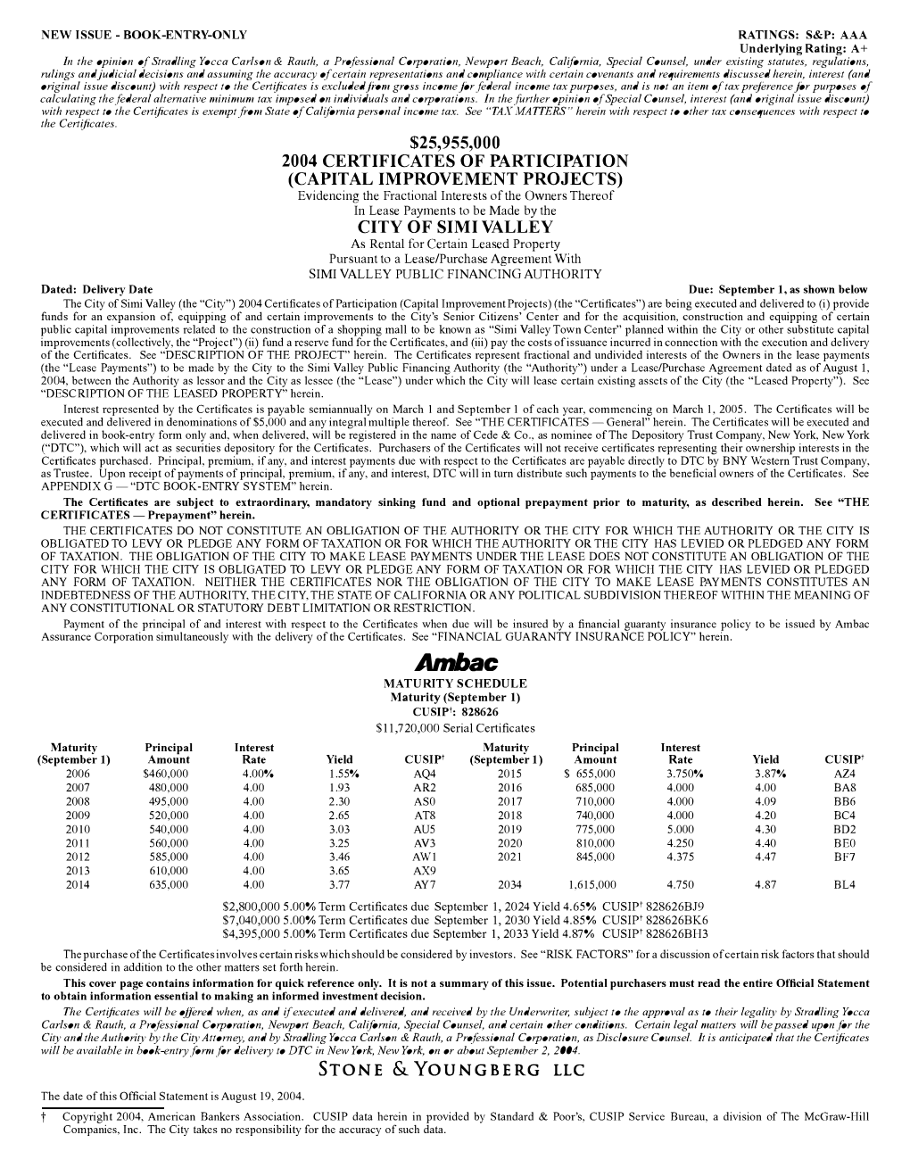 $25,955,000 2004 Certificates of Participation (Capital Improvement Projects)