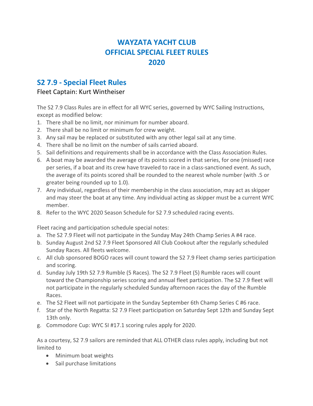 WYC Official Special Fleet Rules 2020