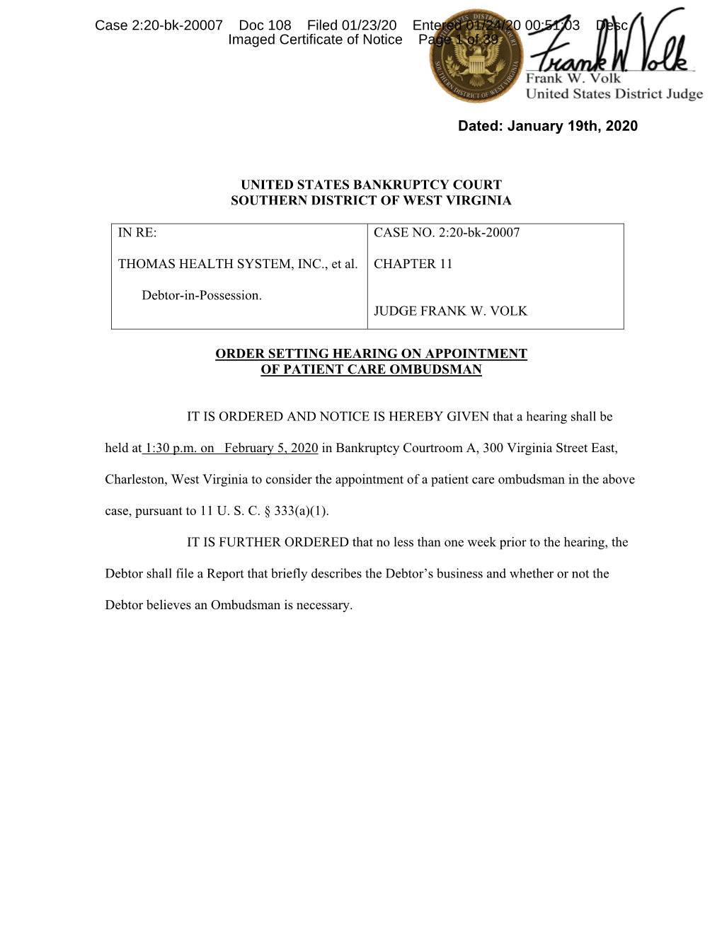 Dated: January 19Th, 2020 Case 2:20-Bk-20007 Doc 108 Filed 01/23