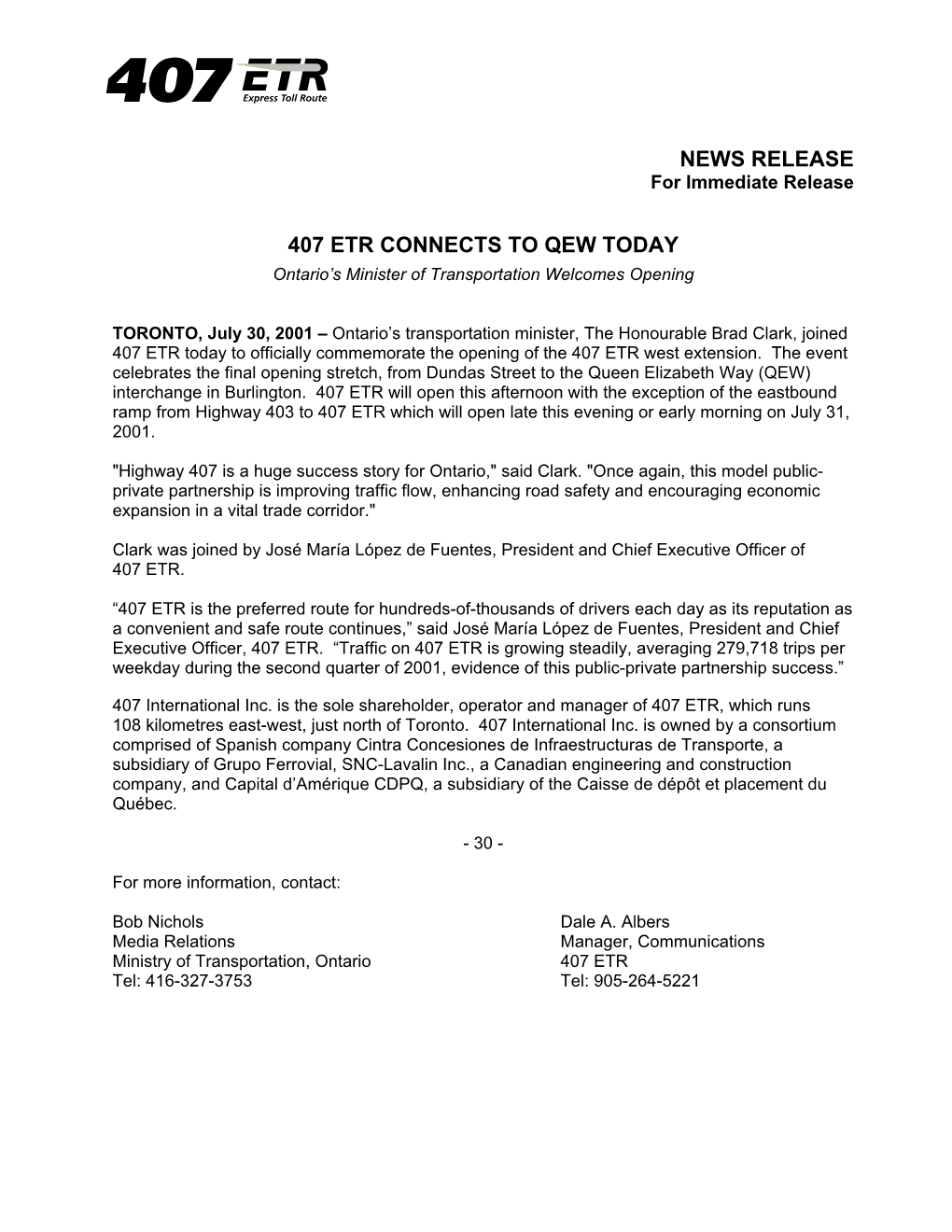 News Release 407 Etr Connects to Qew Today