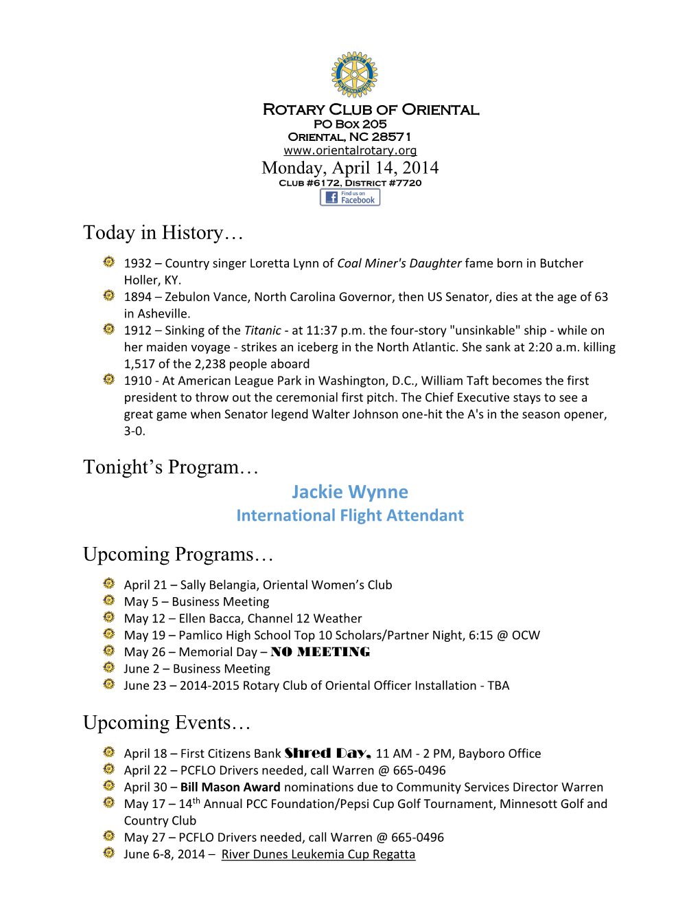 Jackie Wynne Upcoming Programs…