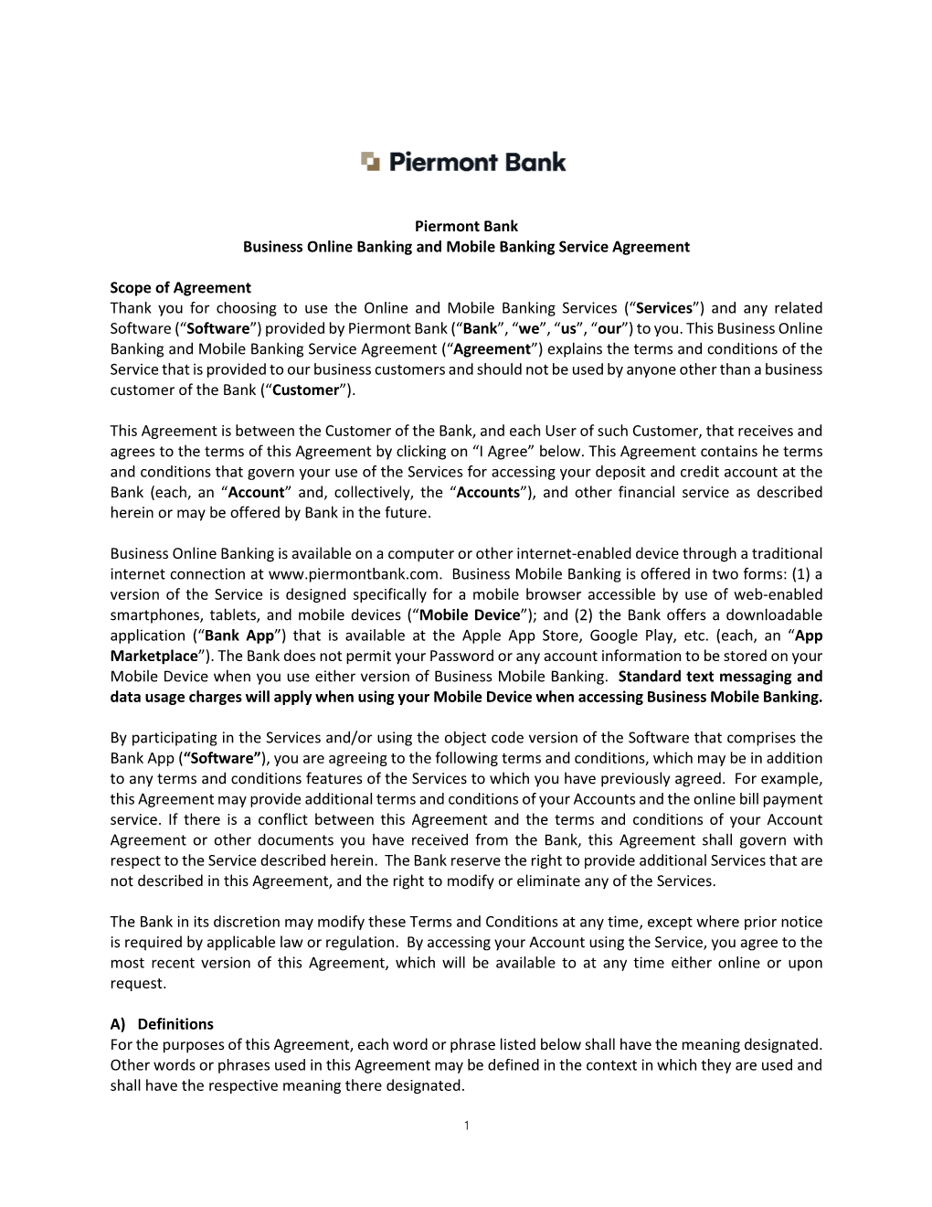 Piermont Bank Business Online Banking and Mobile Banking Service Agreement