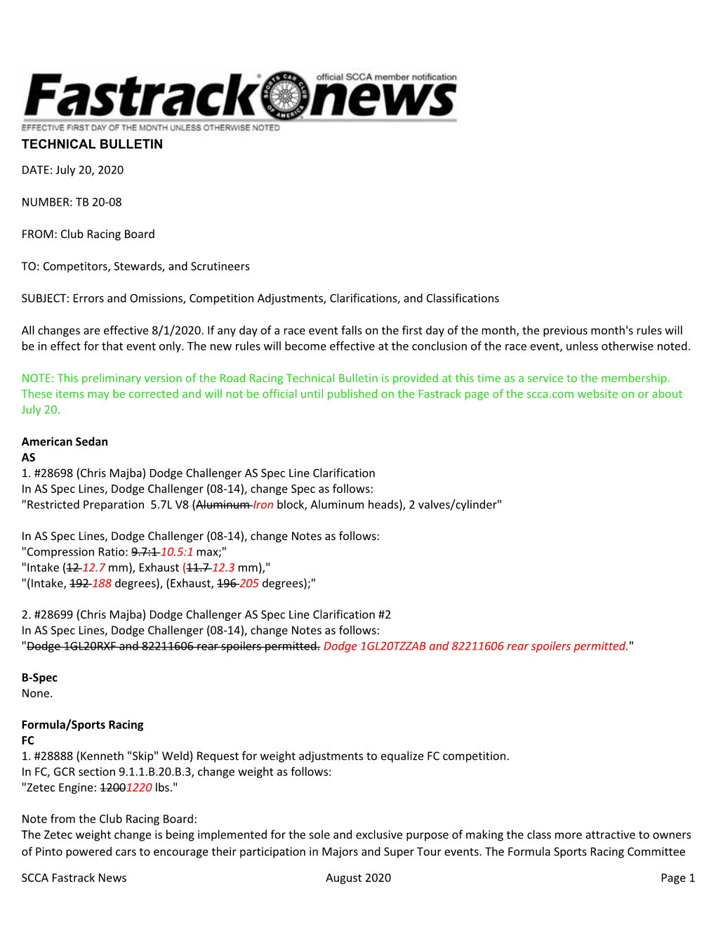 SCCA Fastrack News August 2020 Page 1 TECHNICAL BULLETIN DATE