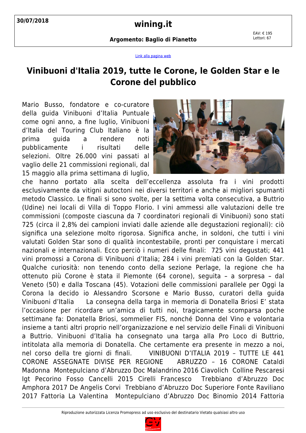 Wining.It Vinibuoni D'italia 2019, Tutte Le Corone, Le Golden Star E Le