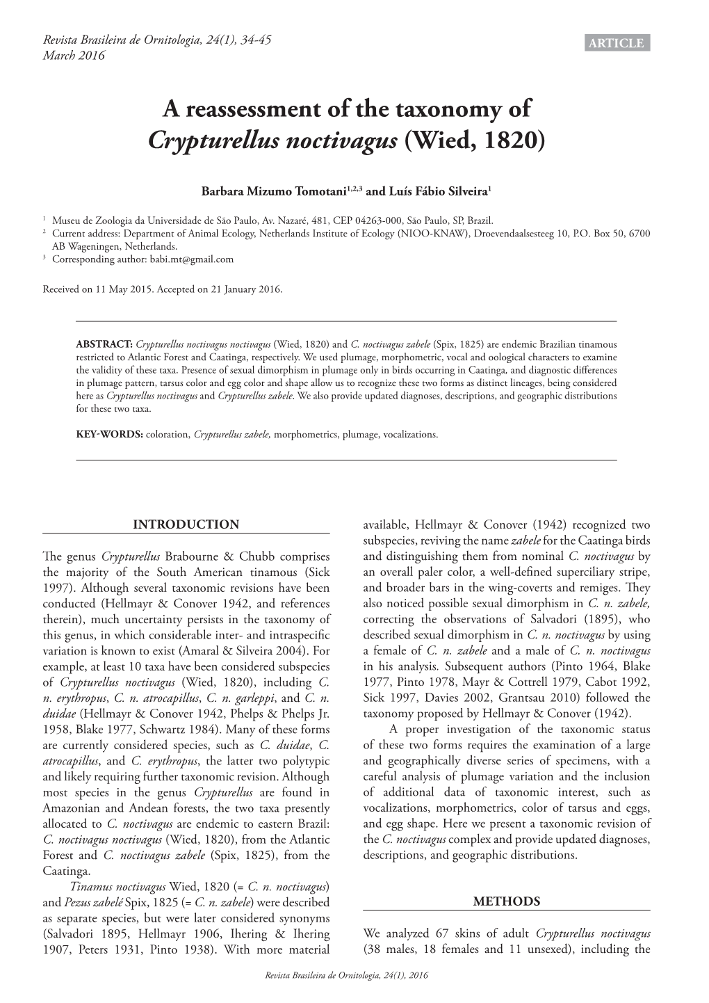 A Reassessment of the Taxonomy of Crypturellus Noctivagus (Wied, 1820)