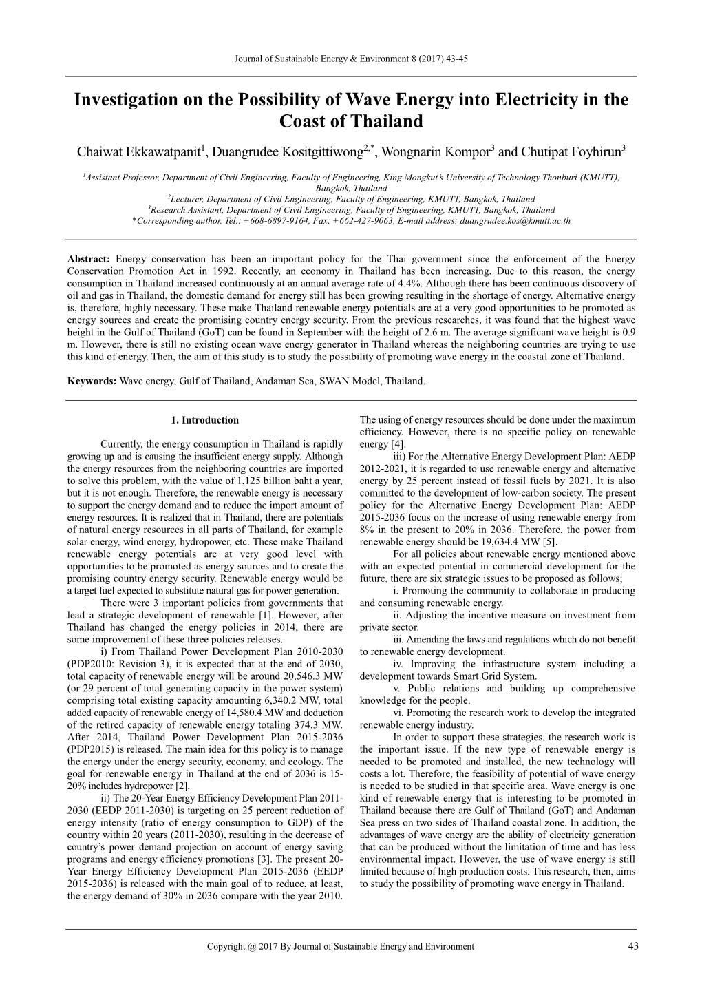 Investigation on the Possibility of Wave Energy Into Electricity in the Coast of Thailand