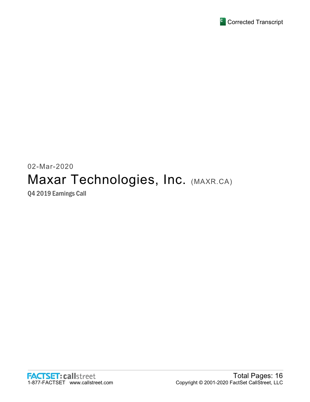 Maxar Technologies, Inc. (MAXR.CA) Q4 2019 Earnings Call