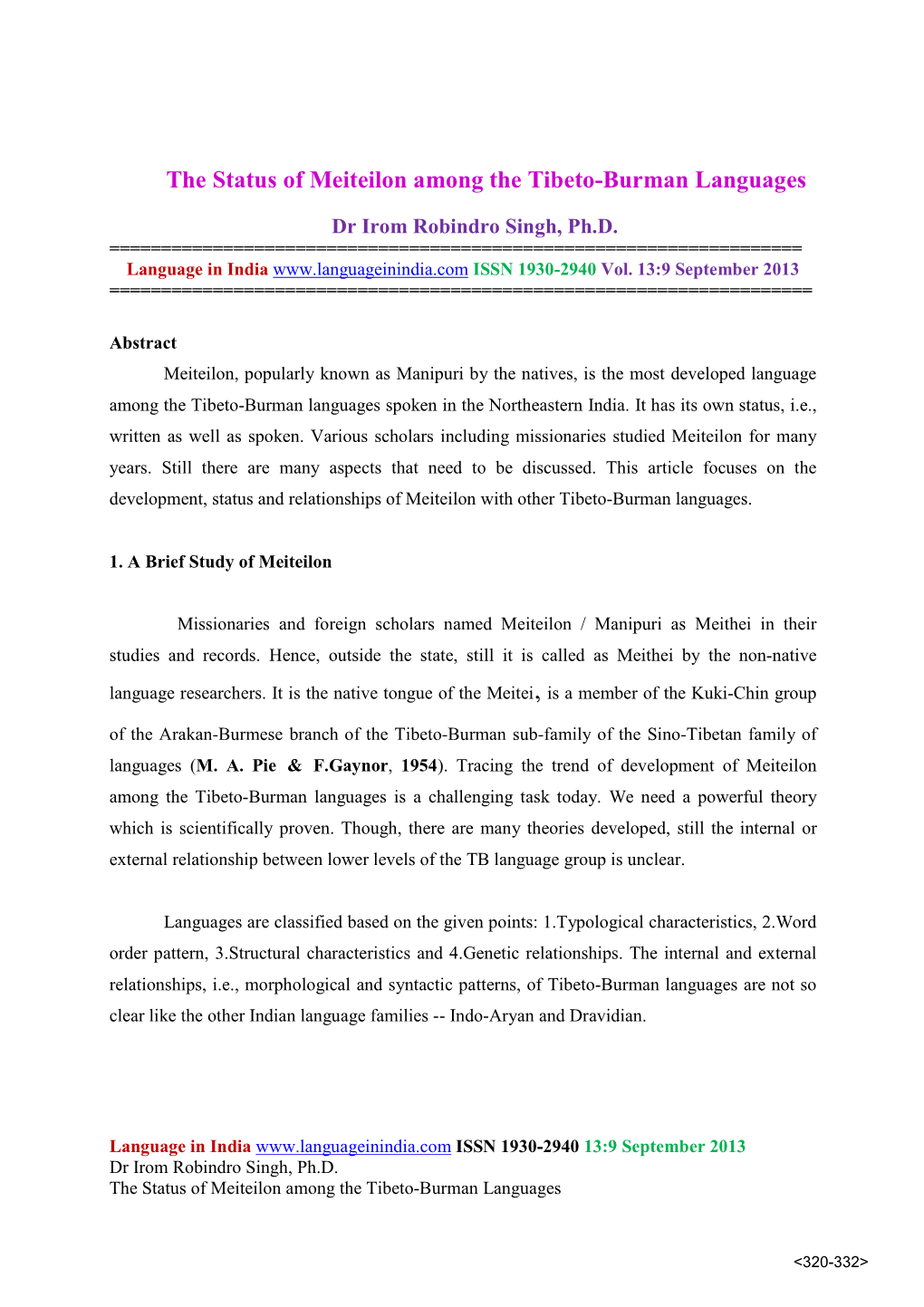 The Status of Meiteilon Among the Tibeto-Burman Languages