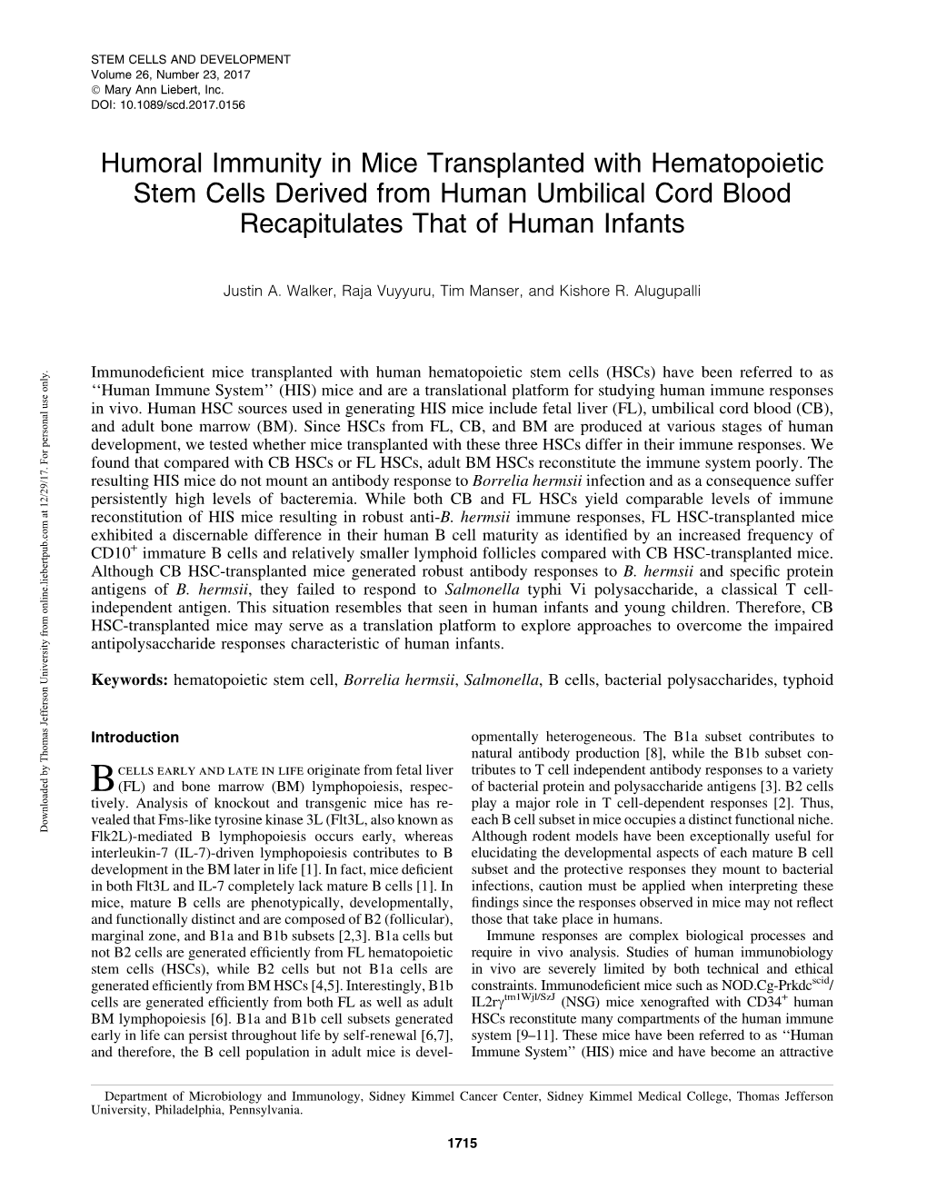 Humoral Immunity in Mice Transplanted with Hematopoietic Stem Cells Derived from Human Umbilical Cord Blood Recapitulates That of Human Infants