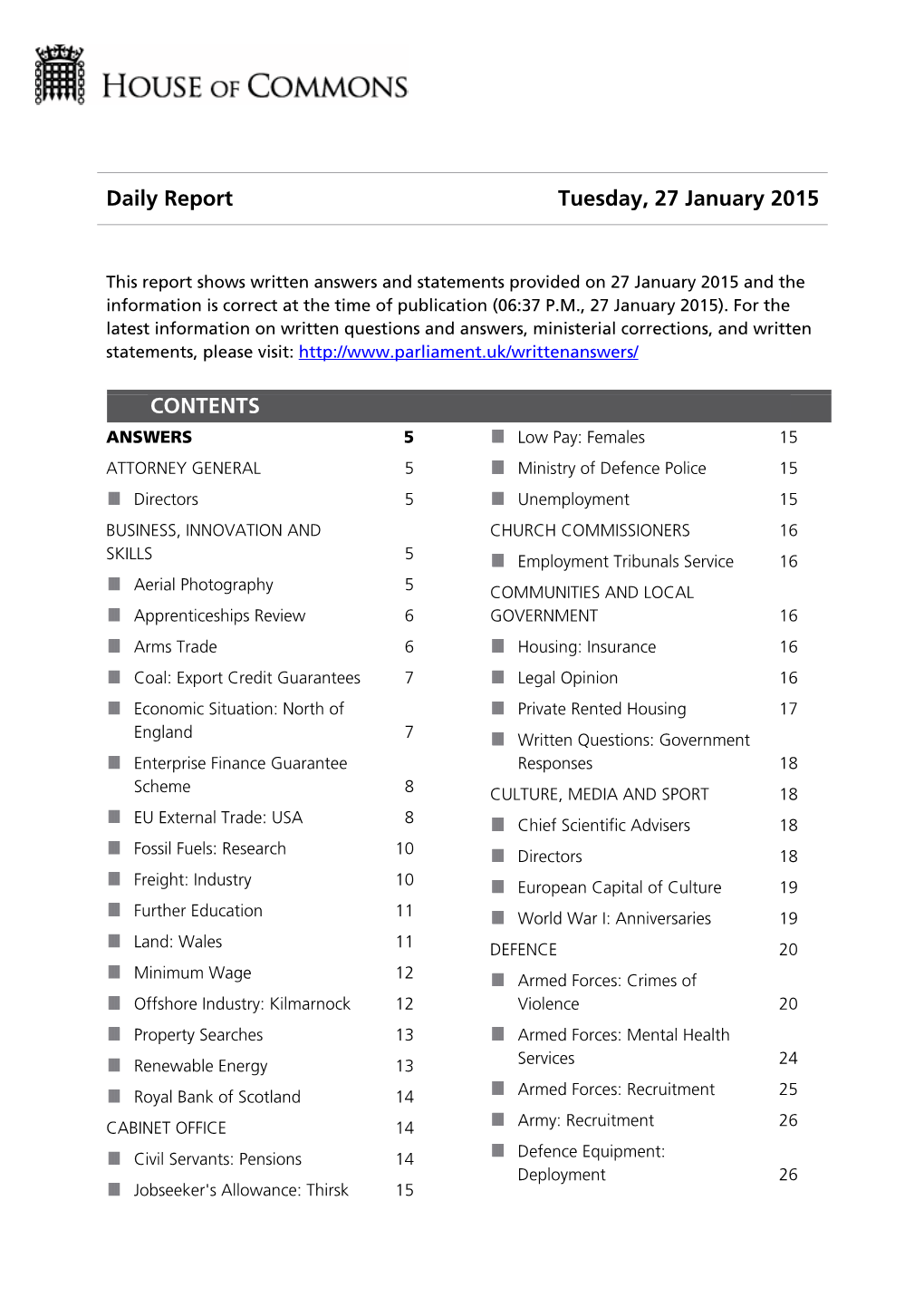 Daily Report Tuesday, 27 January 2015 CONTENTS