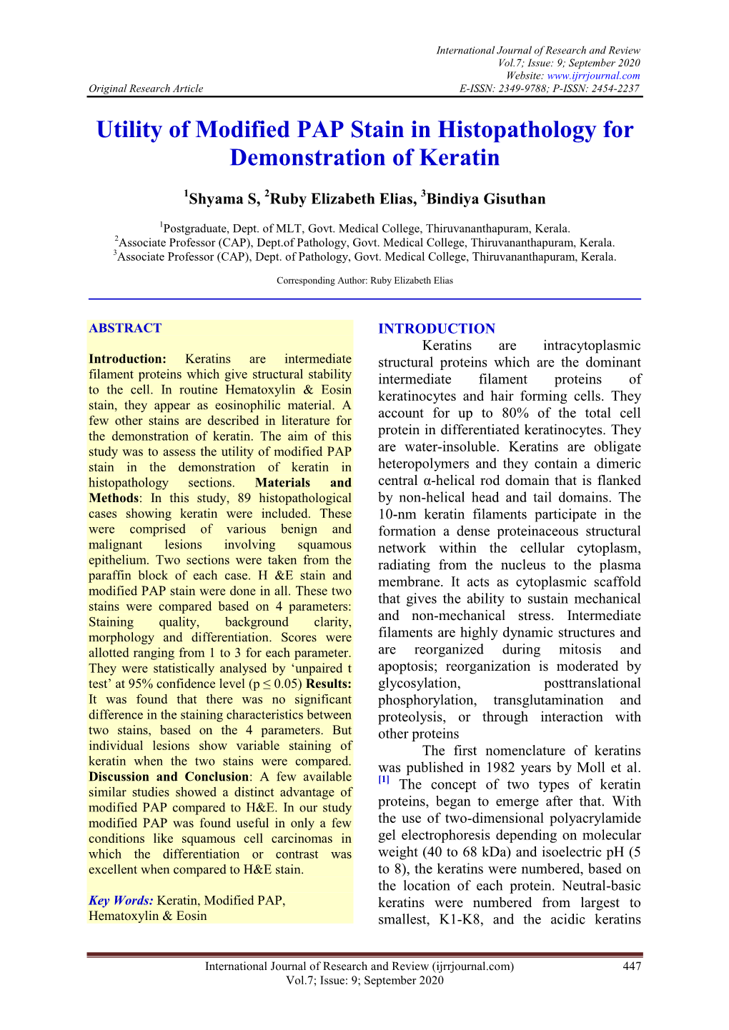 Utility of Modified PAP Stain in Histopathology for Demonstration of Keratin